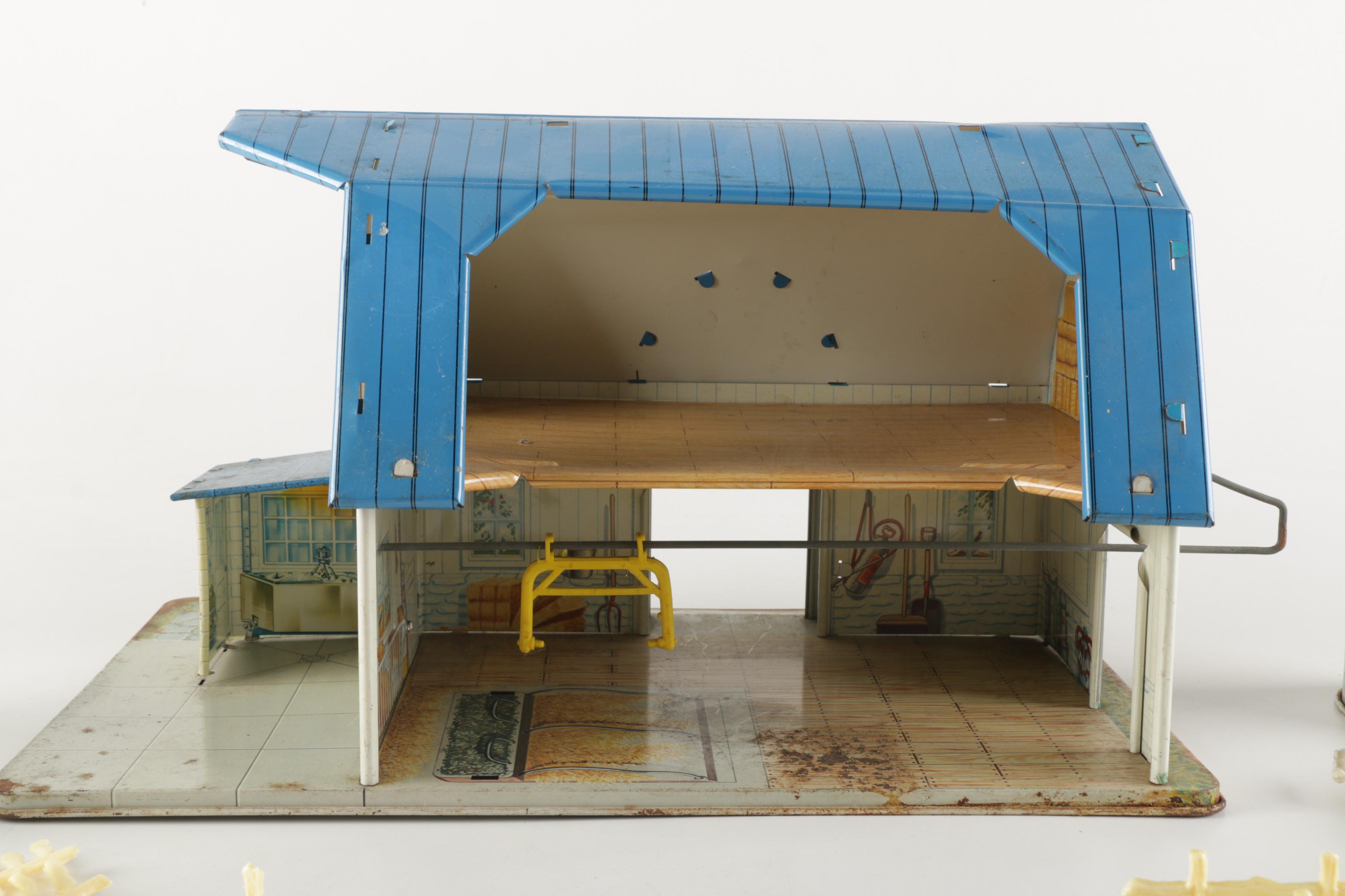 1950s Marx Tin Litho Barn with Plastic Accessories