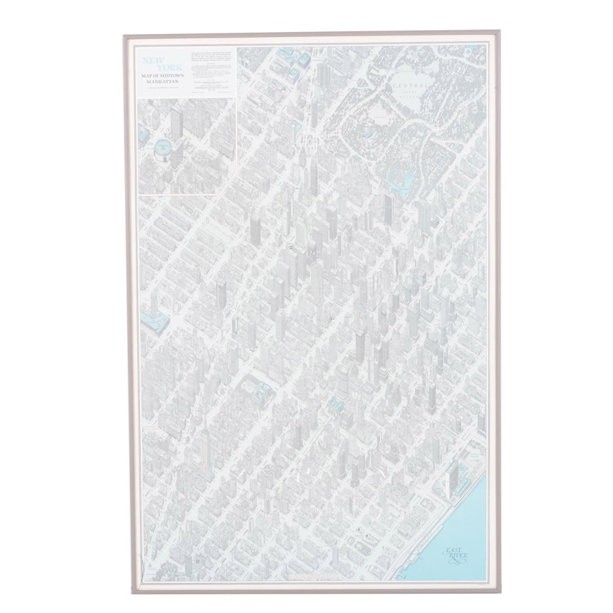 Lithograph on Paper featuring Map of Mid Town Manhattan.
