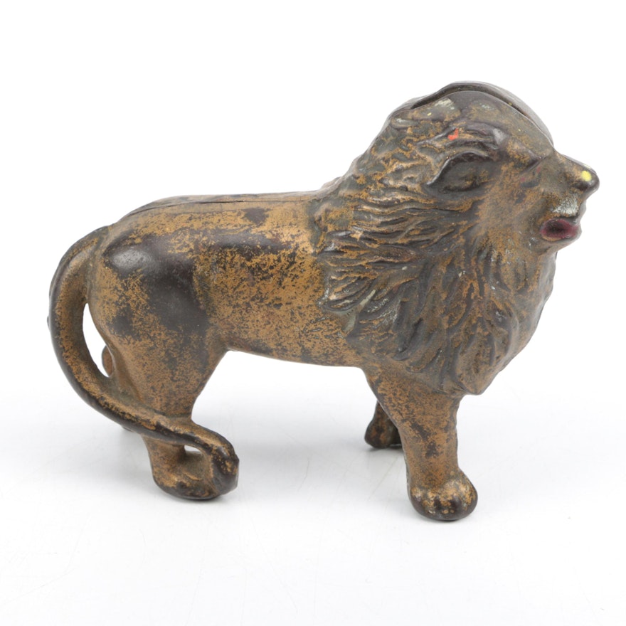 Antique Cast Metal Lion Coin Bank