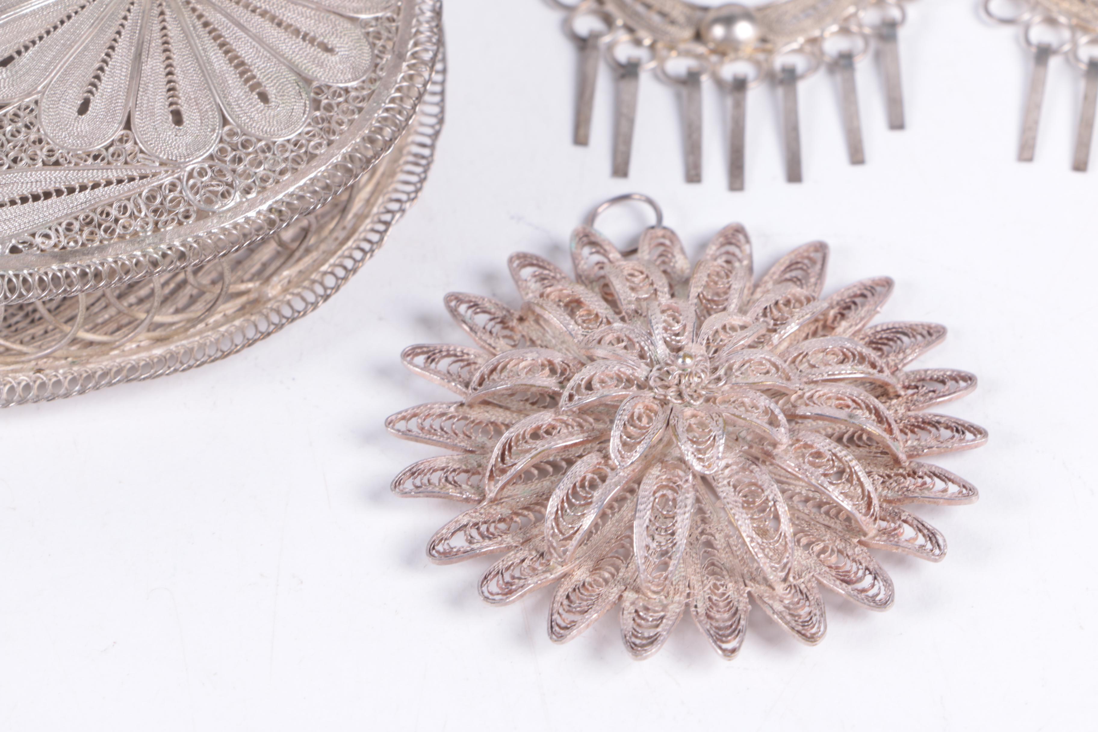 Selection of Silver Tone Filigree Jewelry and Purse