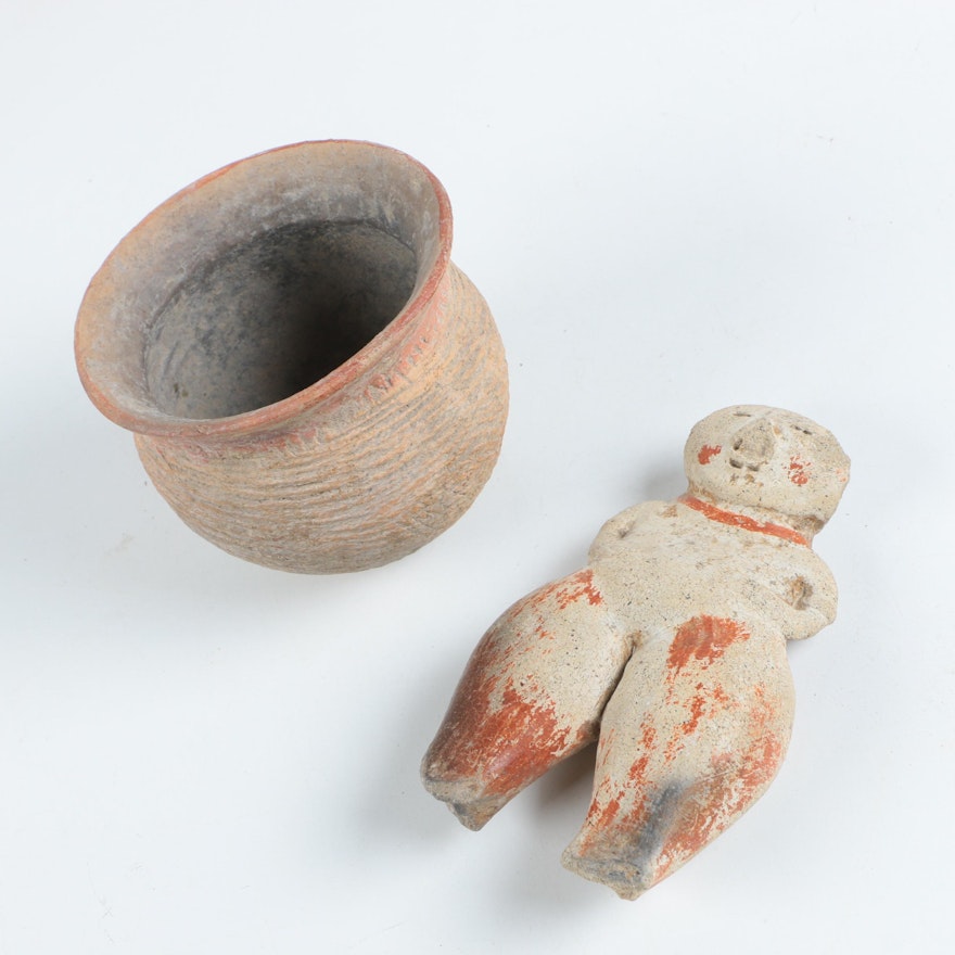 Antique Chinese Clay Pot and Figurine