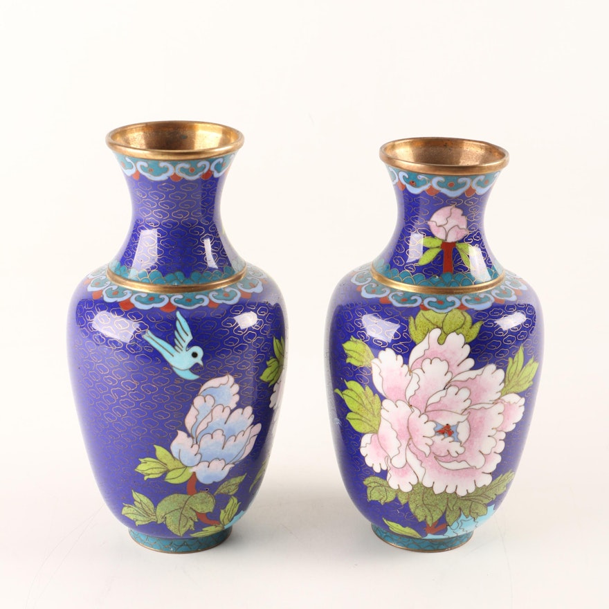 Asian-Inspired Pair of Blue Cloisonne Vases