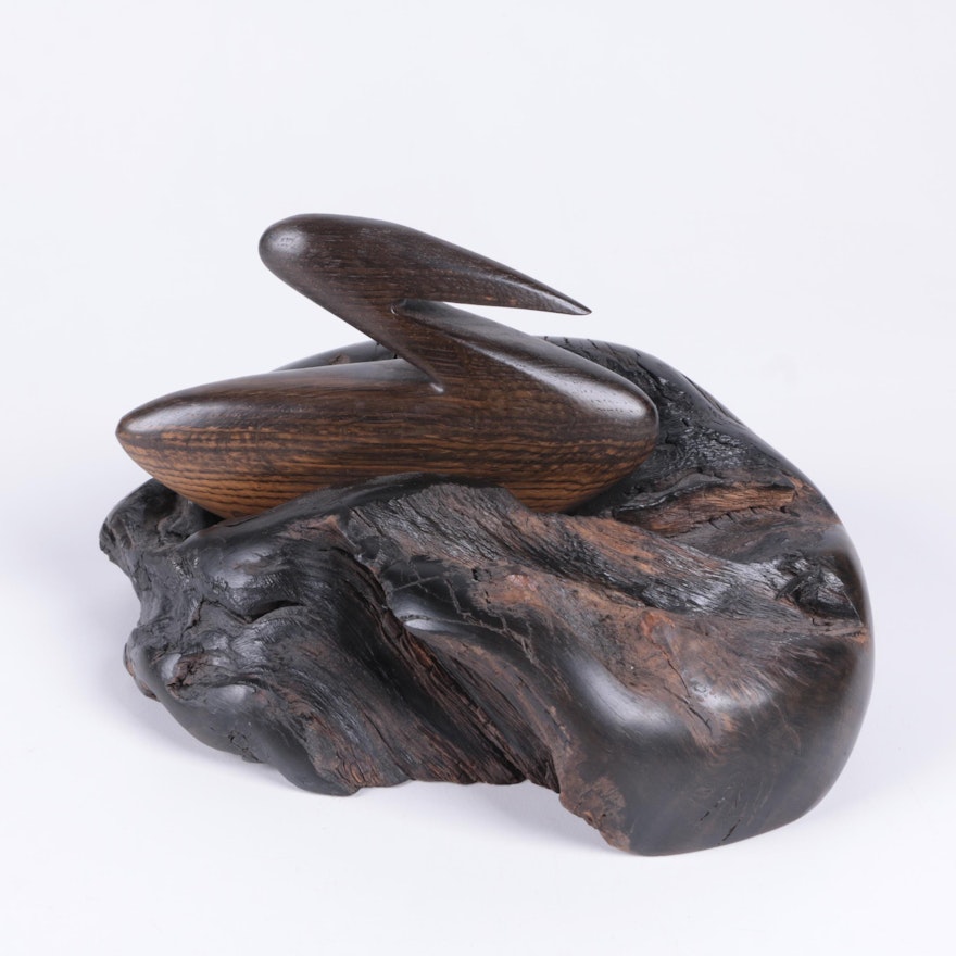 Minimalist Wood Carving of Bird with Stand