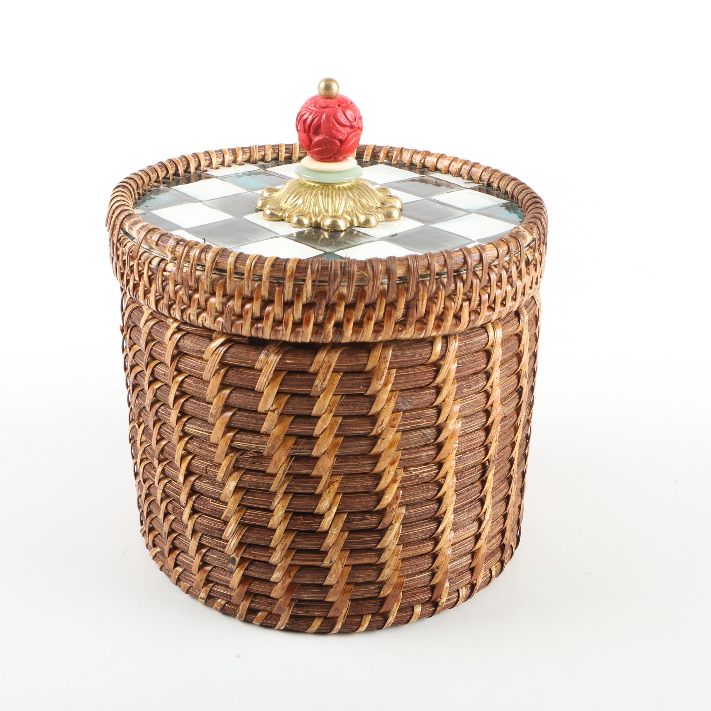 Mackenzie-Childs "Courtly Check" Rattan and Enamel Canister