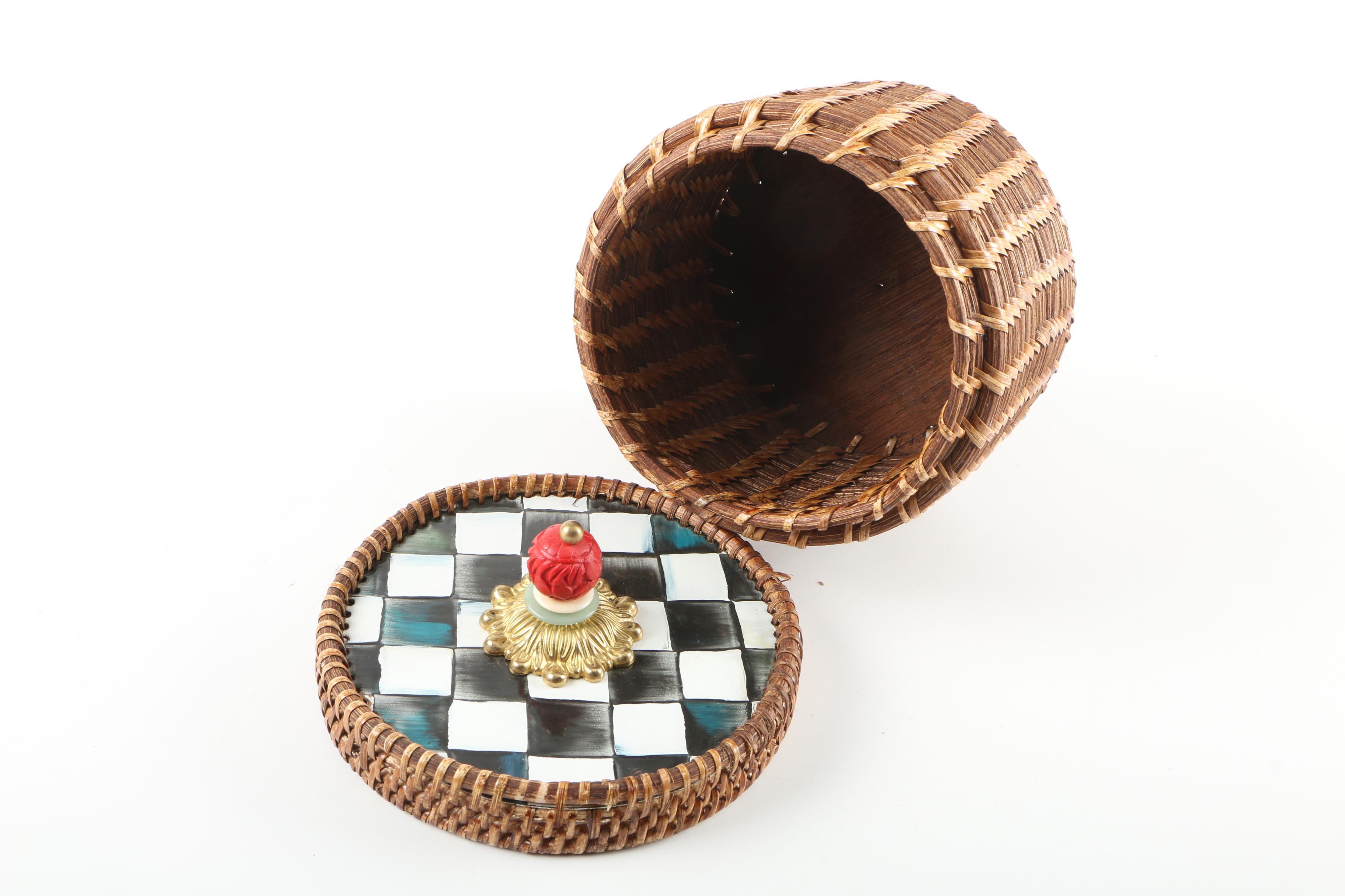Mackenzie-Childs "Courtly Check" Rattan and Enamel Canister