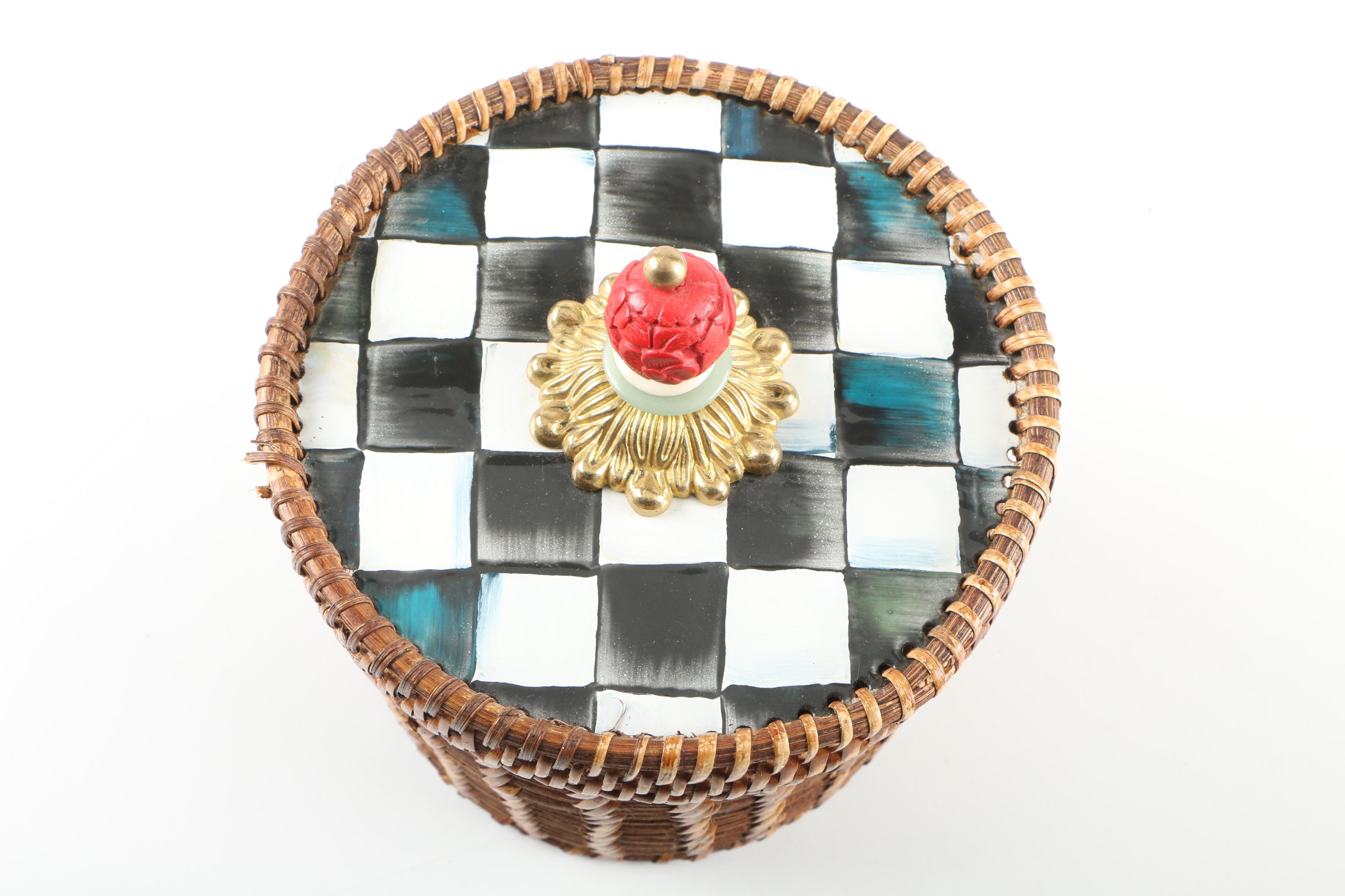Mackenzie-Childs "Courtly Check" Rattan and Enamel Canister