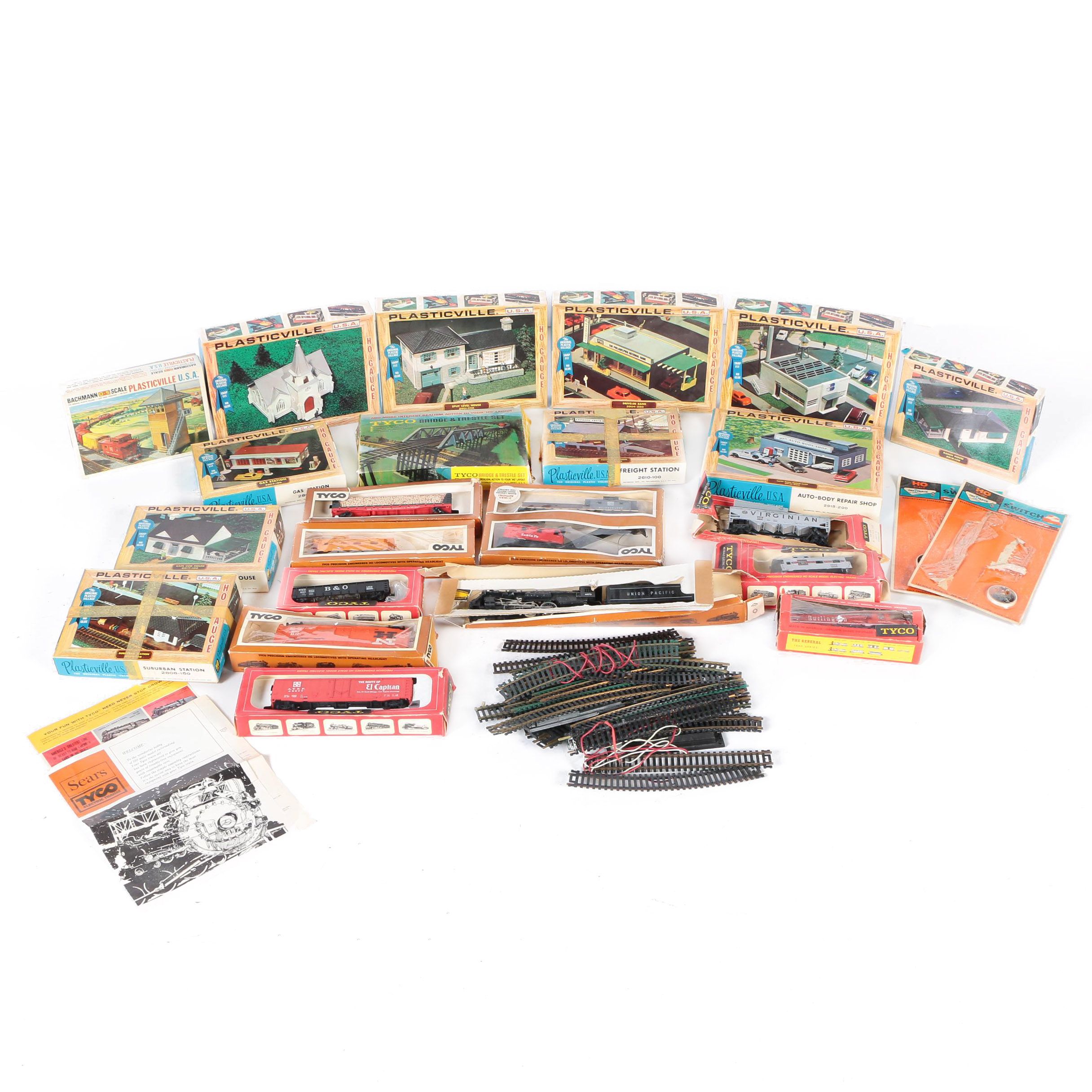 Assorted Tyco Train Cars and Plasticville Accessories