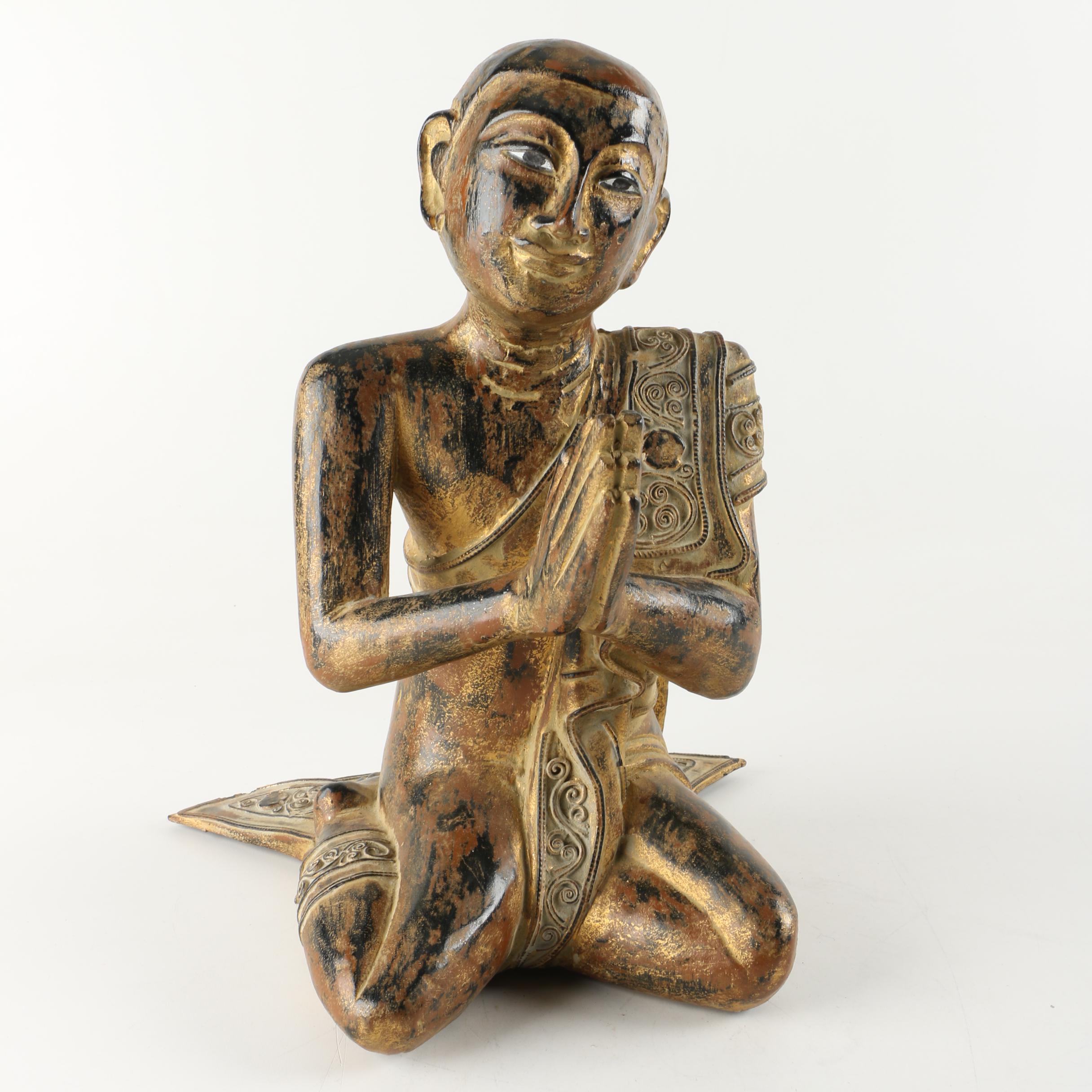 Asian Carved Wooden Figure of  A Praying Monk