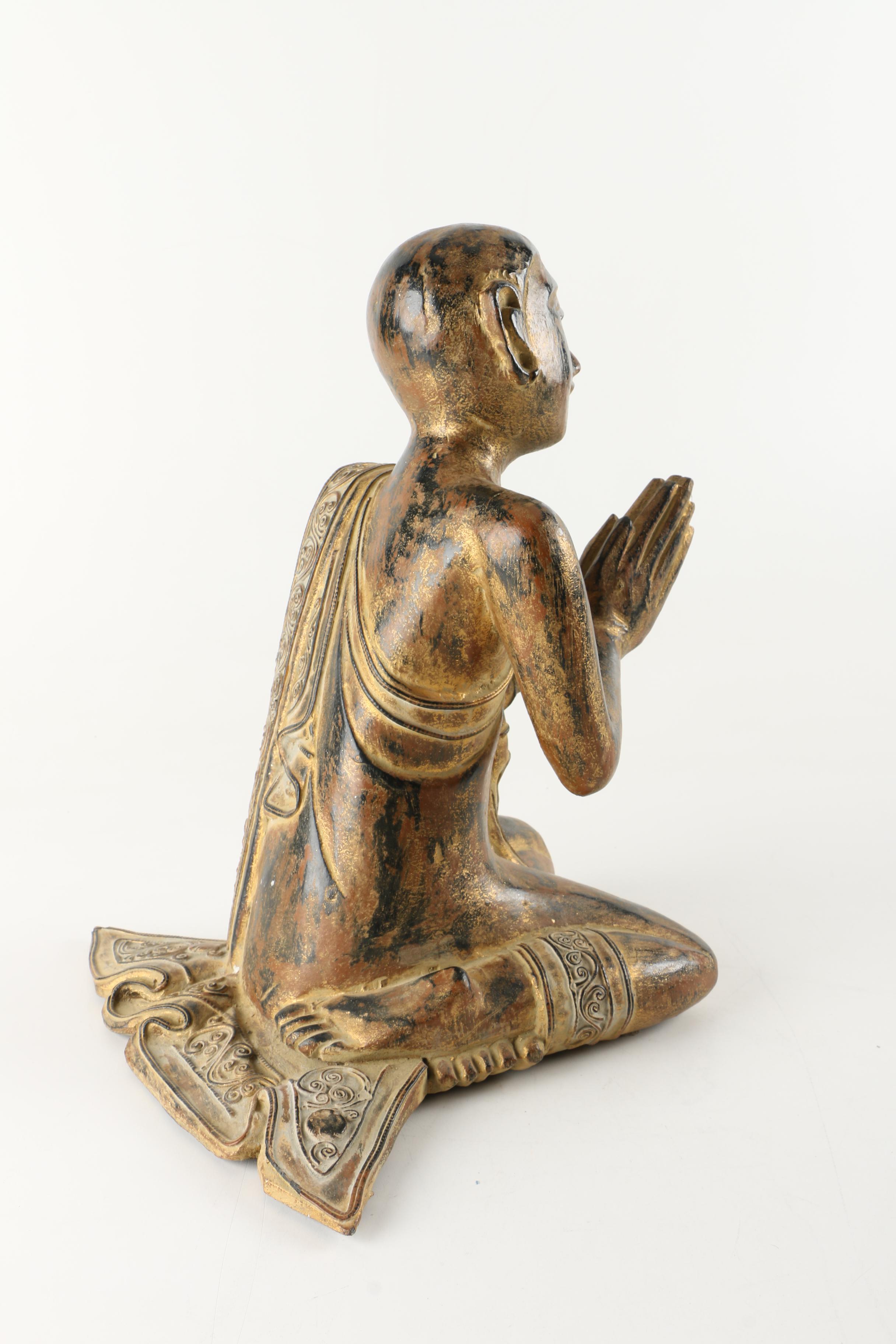 Asian Carved Wooden Figure of  A Praying Monk