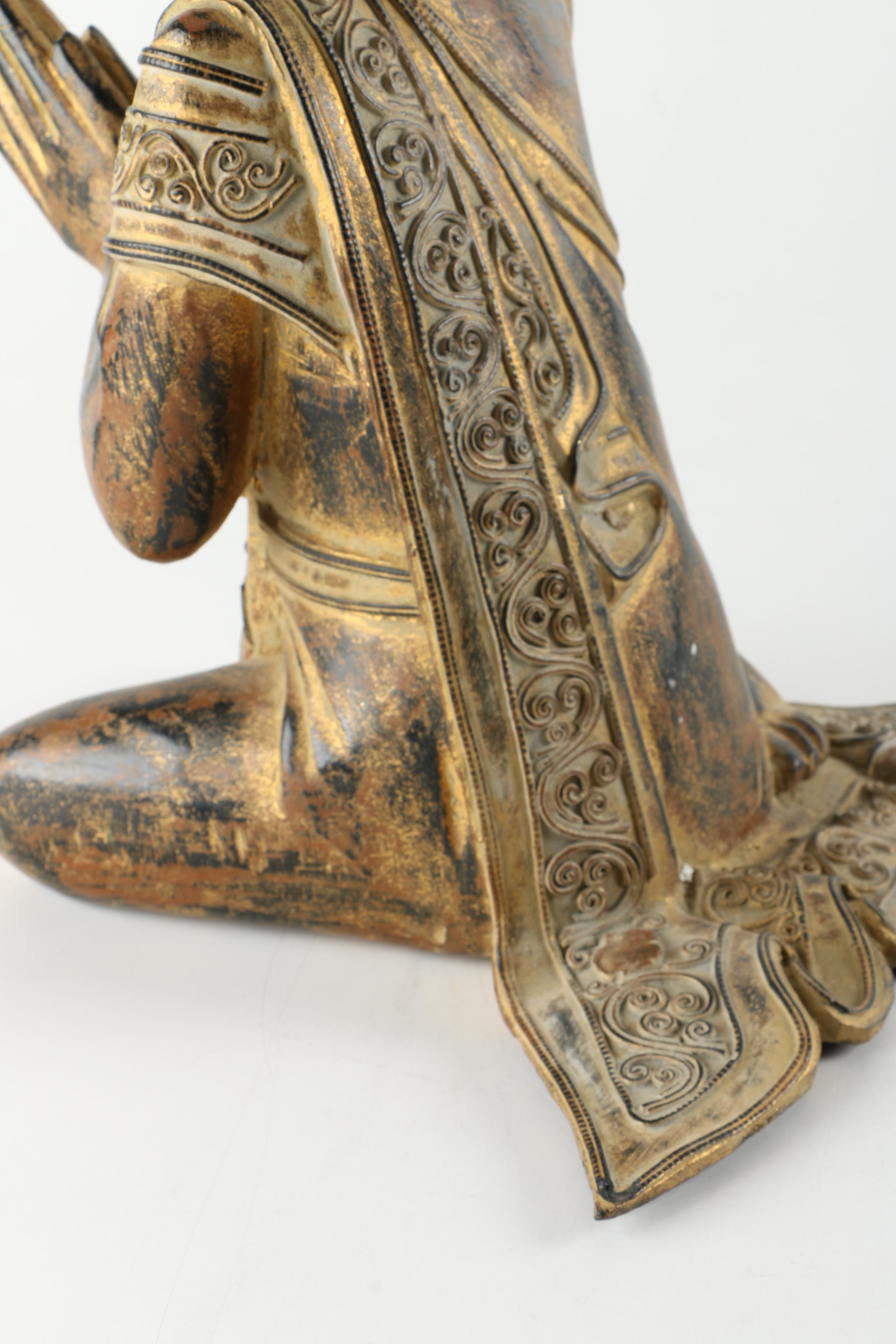 Asian Carved Wooden Figure of  A Praying Monk