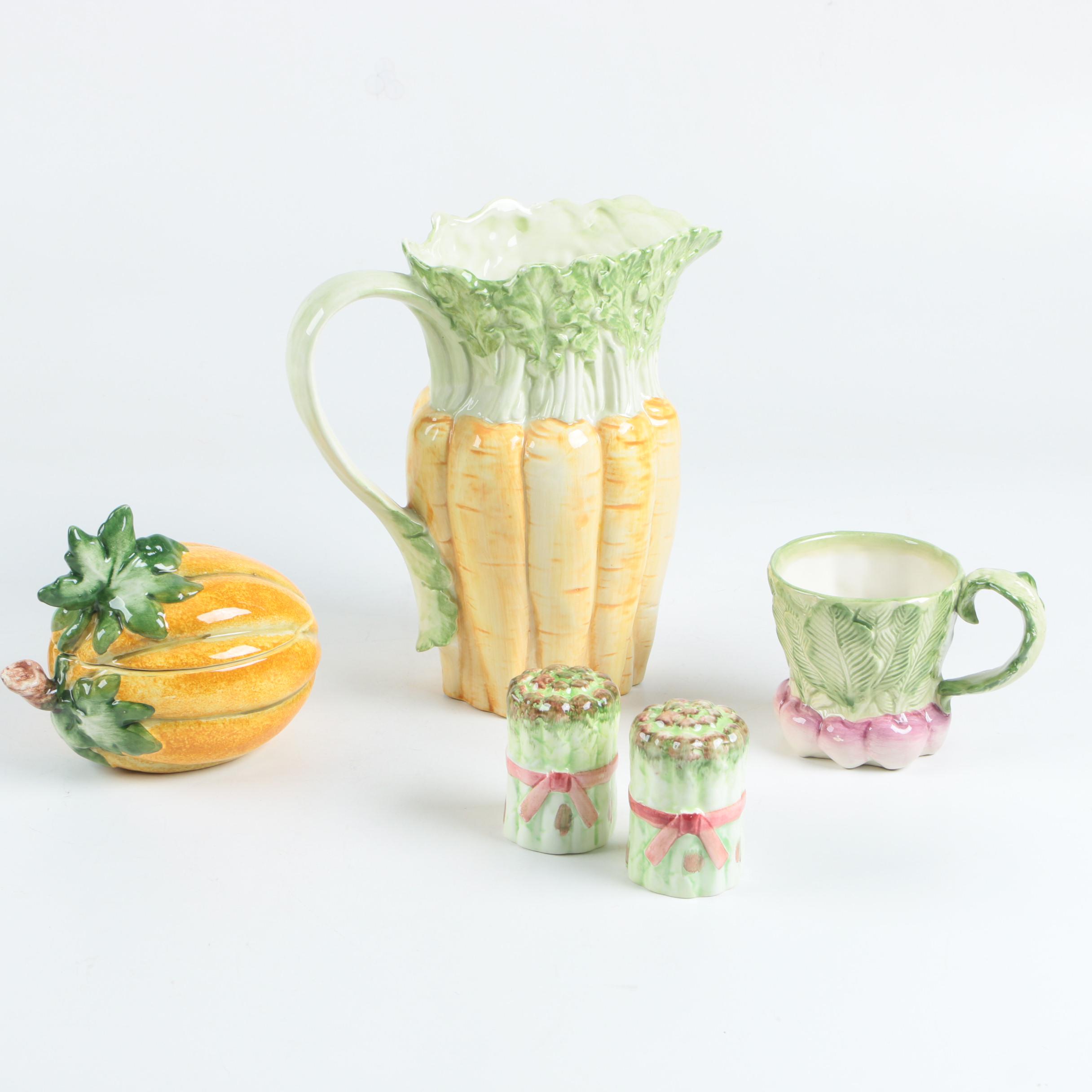 Figural Serveware with a Vegetable Motif Including Fitz and Floyd