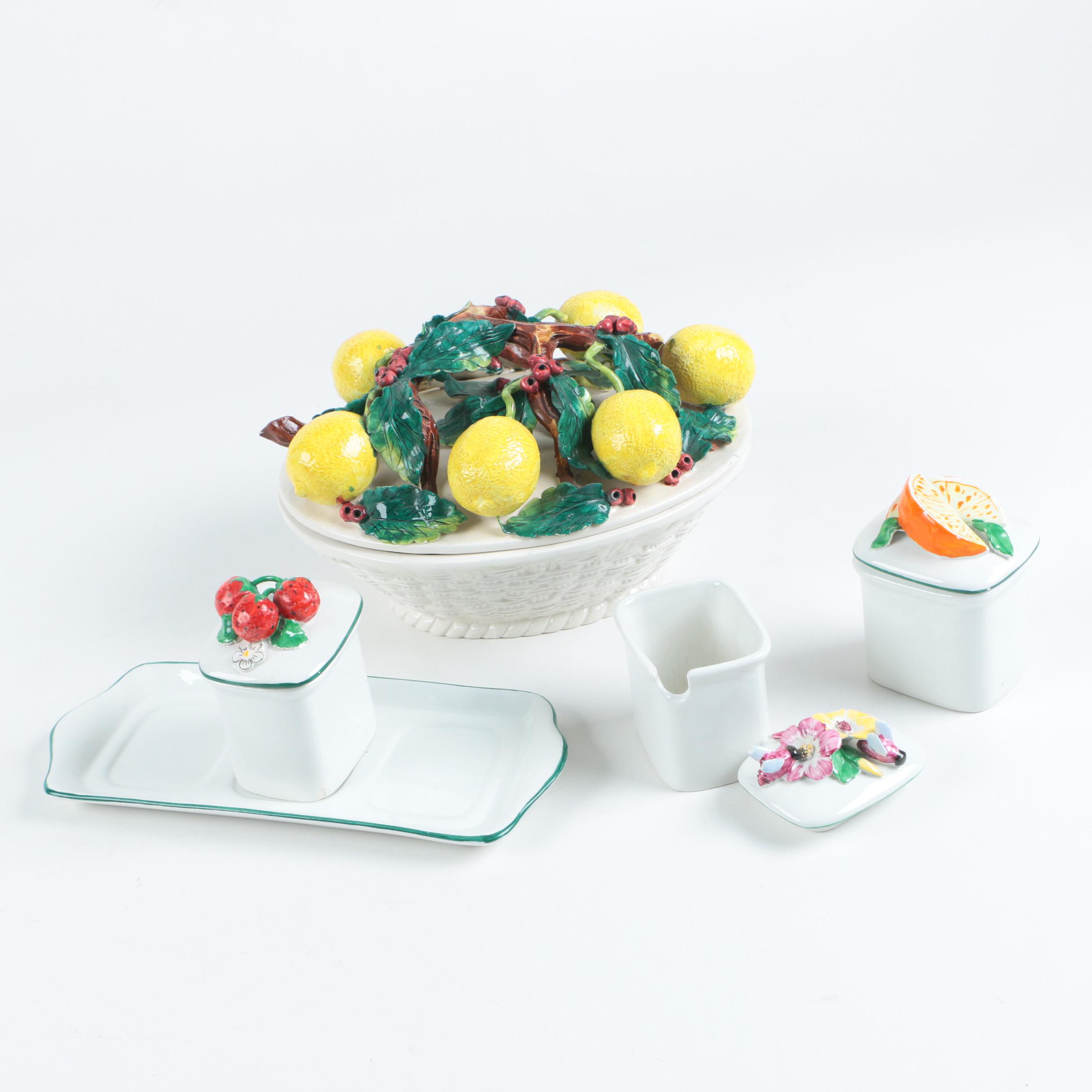 Italian Majolica Pottery Embellished With Fruit in Relief