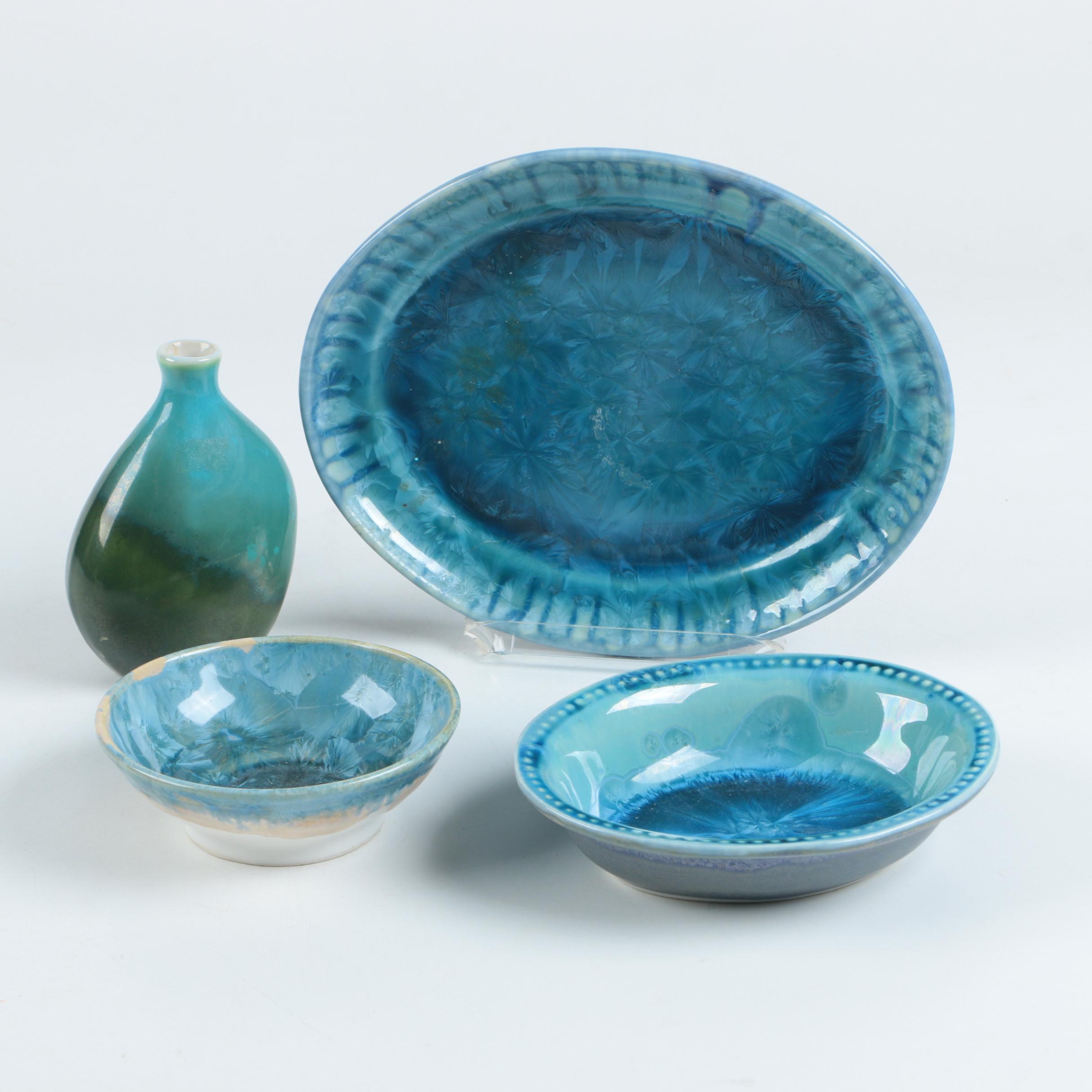 Art Pottery Serving Dishes Including Edgecomb Potters Crystalline