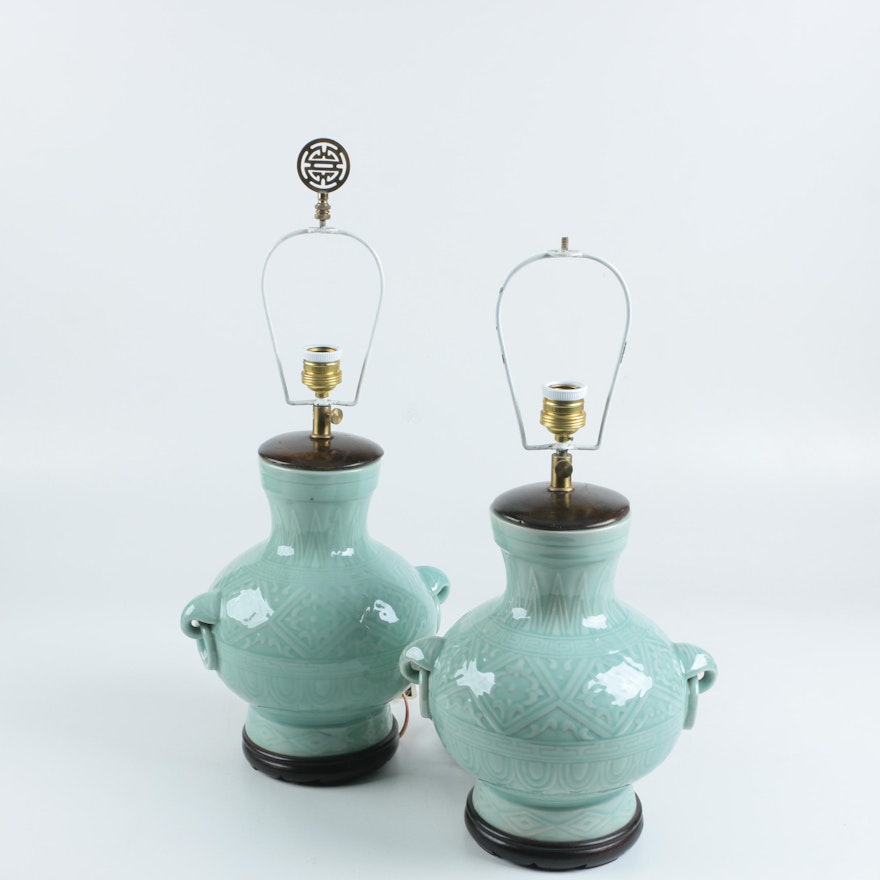 Celadon Glazed Ceramic Urn Style Table Lamps