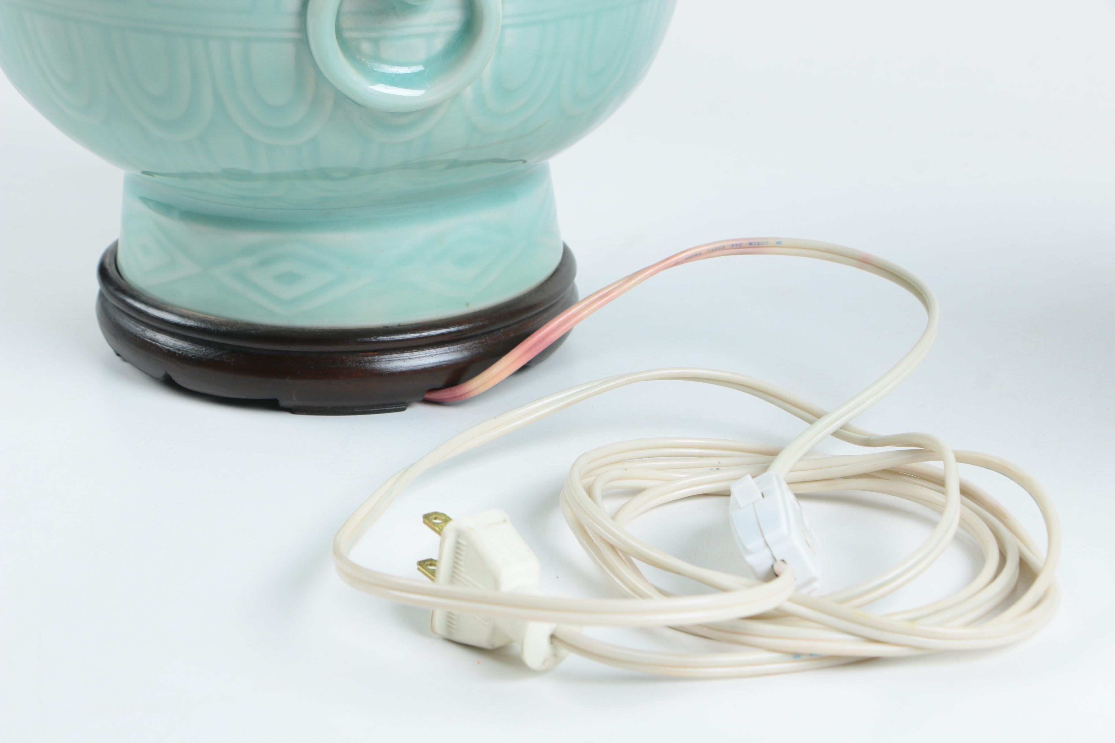 Celadon Glazed Ceramic Urn Style Table Lamps