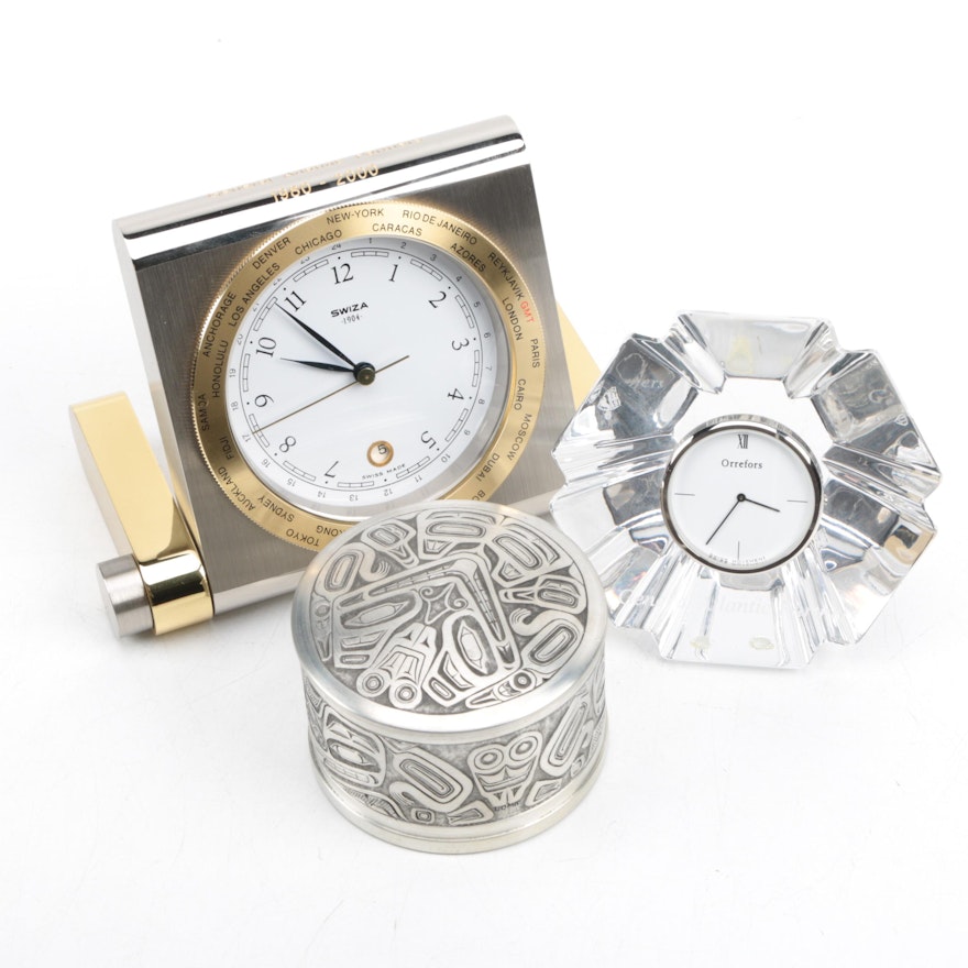 Orrefors Crystal Clock, Trinket Box, and World Clock