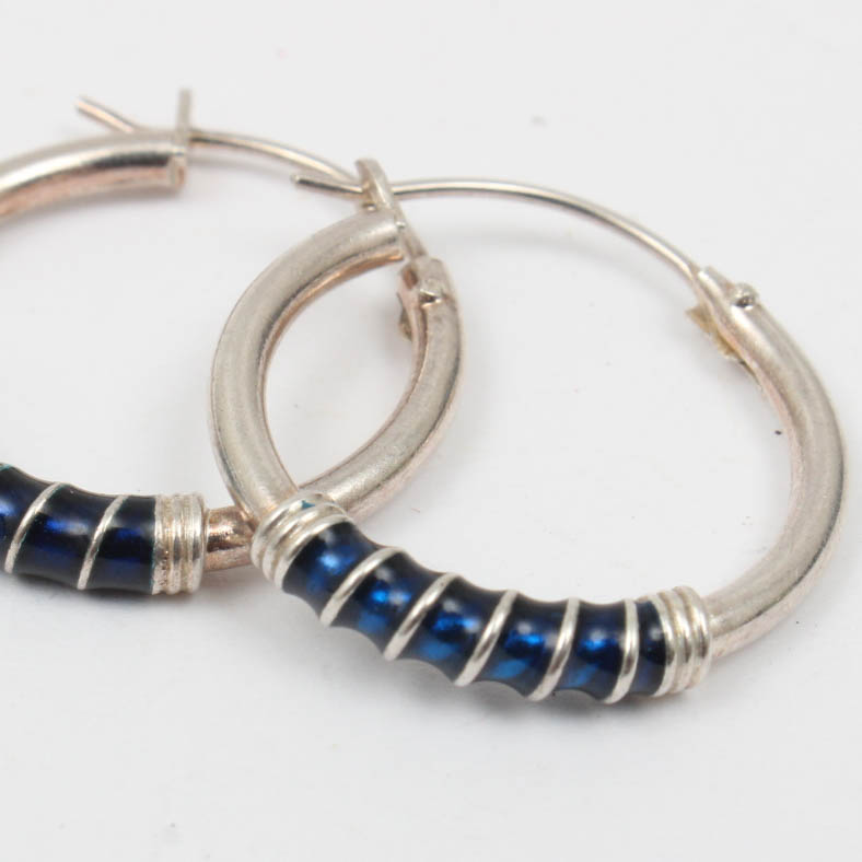 Sterling Silver Blue Enamel Hoops