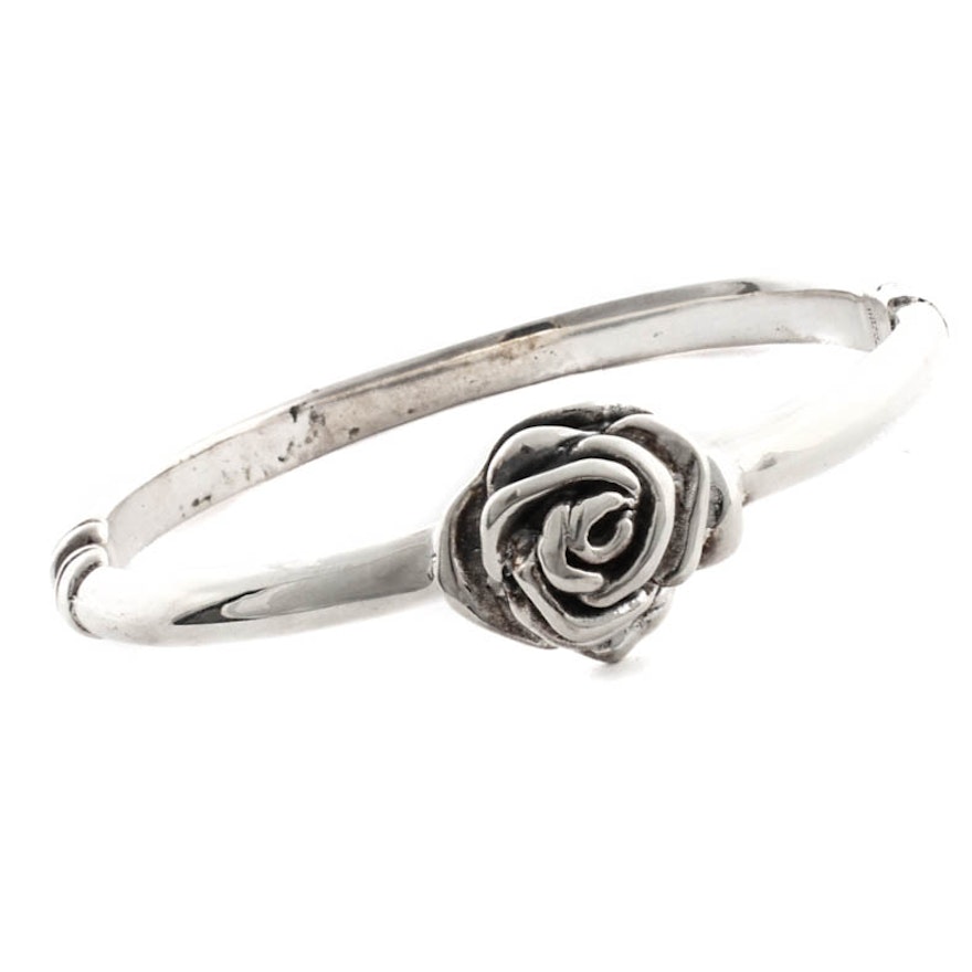 Sterling Silver Hinged Rose Bangle