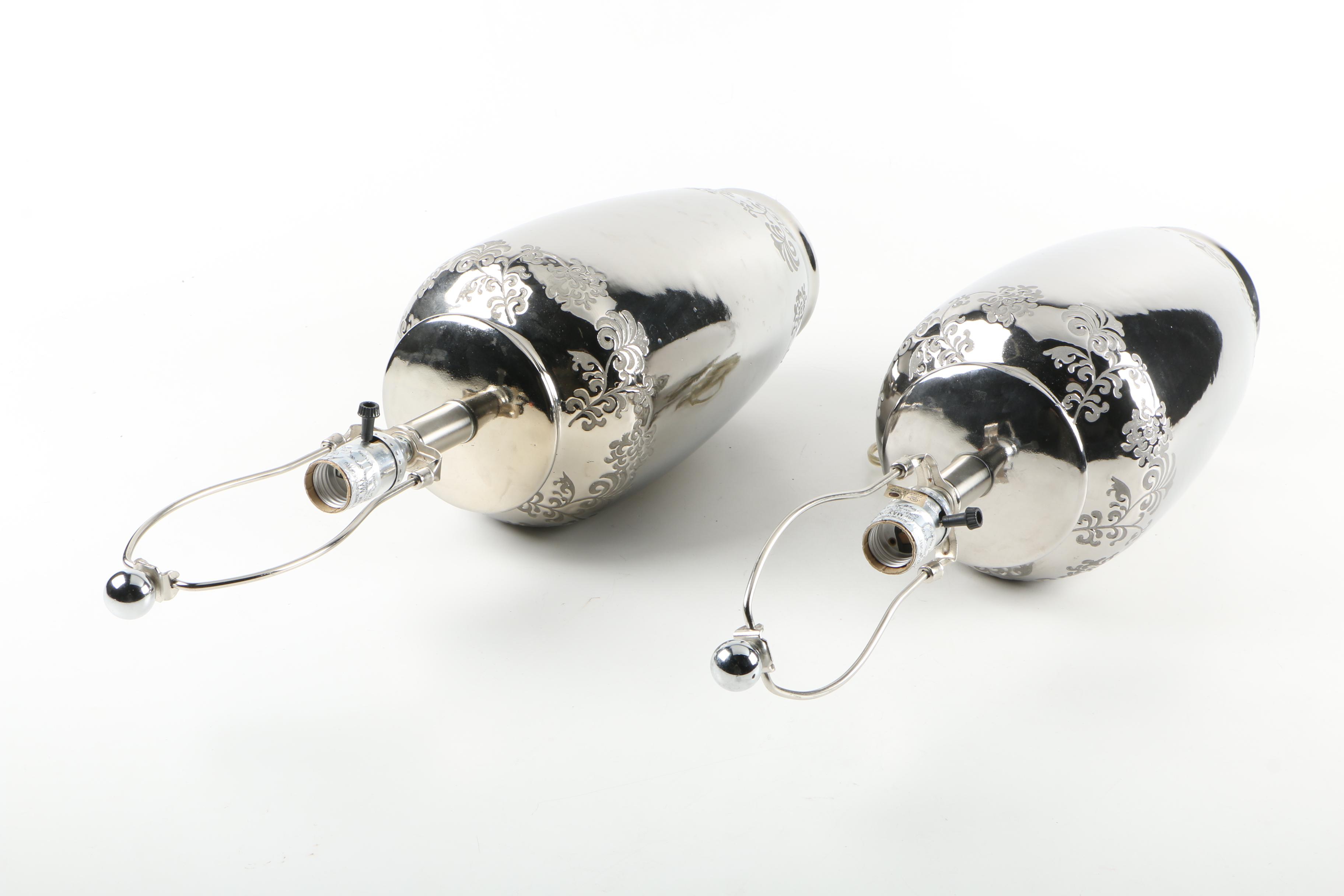 Silver Tone Metal Urn Style Table Lamp Pair