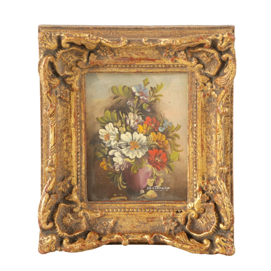 Attributed to Van Thorem Oil Painting on Metal of Floral Still Life