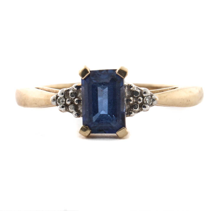 10K Yellow Gold Synthetic Sapphire Diamond Ring