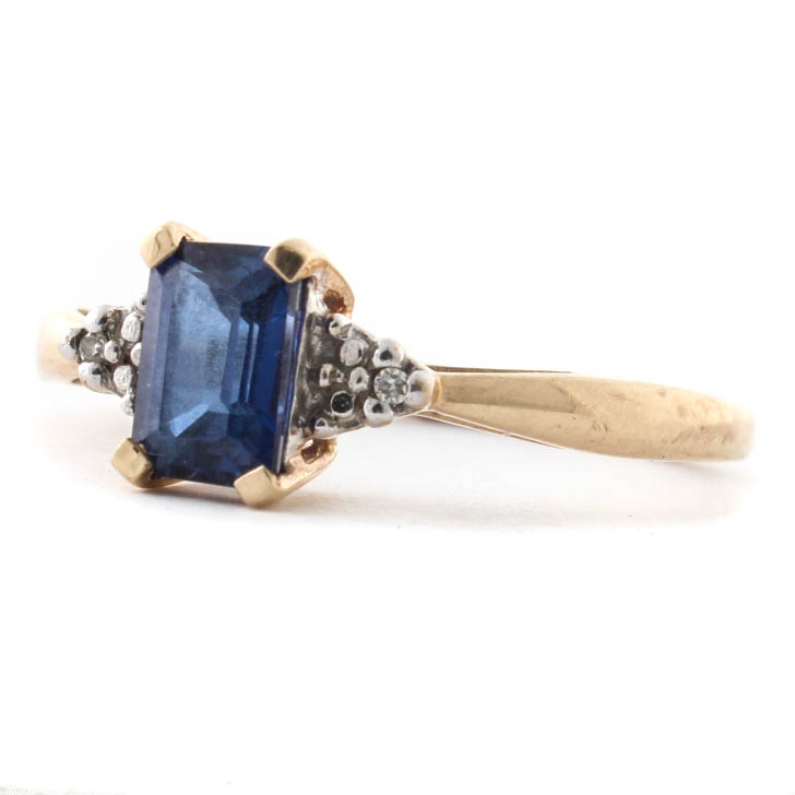 10K Yellow Gold Synthetic Sapphire Diamond Ring