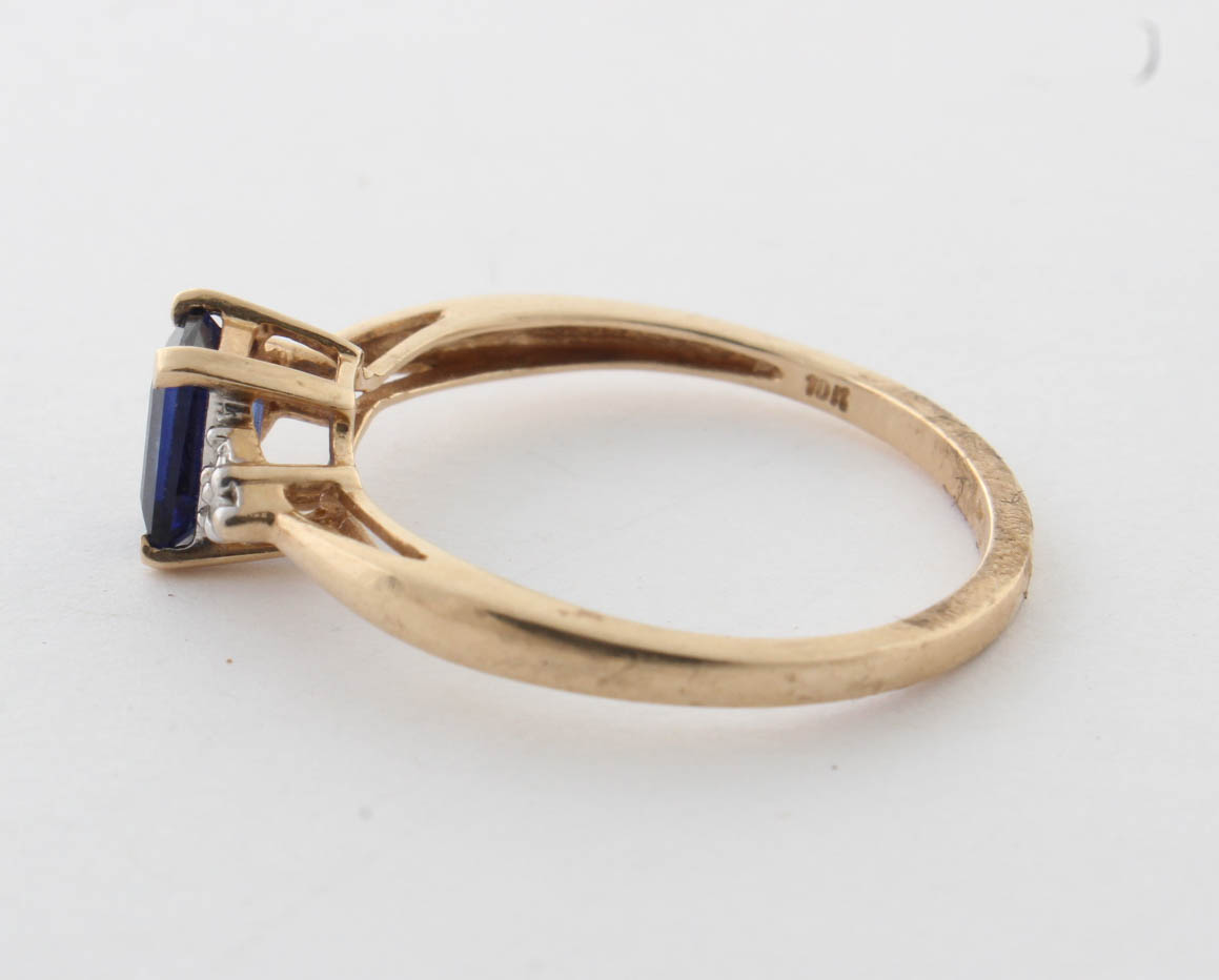 10K Yellow Gold Synthetic Sapphire Diamond Ring