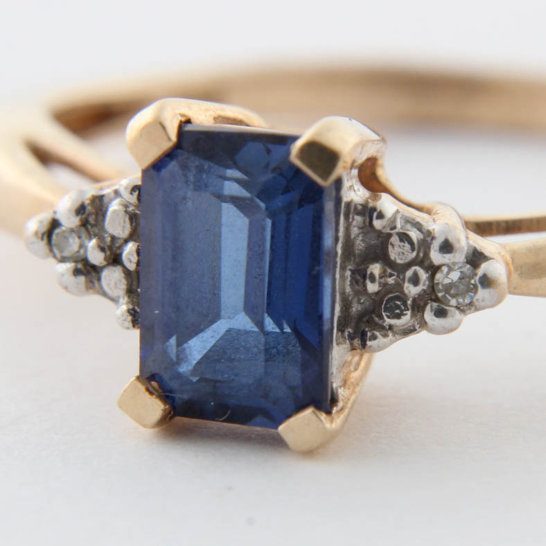 10K Yellow Gold Synthetic Sapphire Diamond Ring