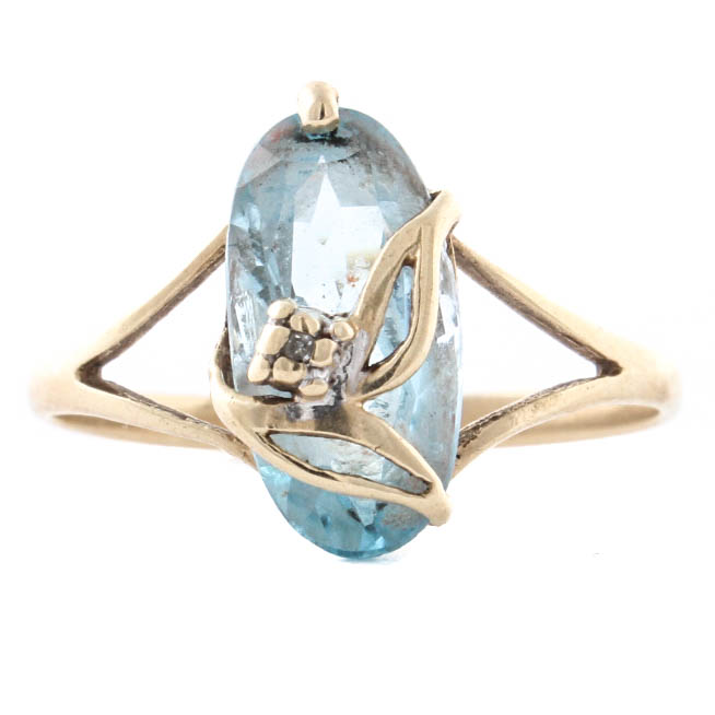 10K Yellow Gold Natural Blue Topaz Diamond Ring