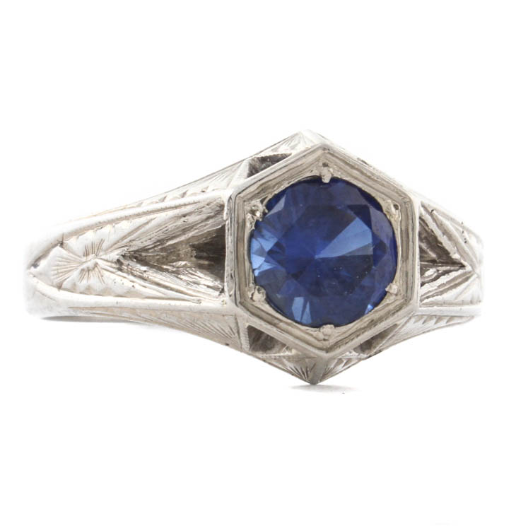 14K White Gold & Synthetic Sapphire Ring