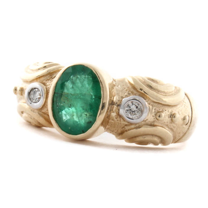 14K Yellow Gold Emerald & Diamond Ring