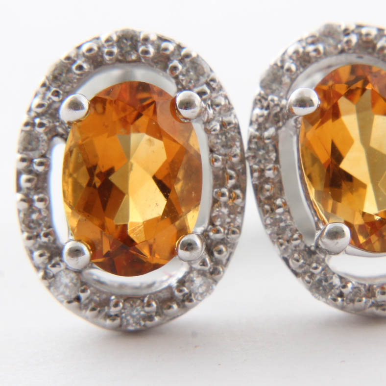 14K White Gold Citrine & Diamond Earrings