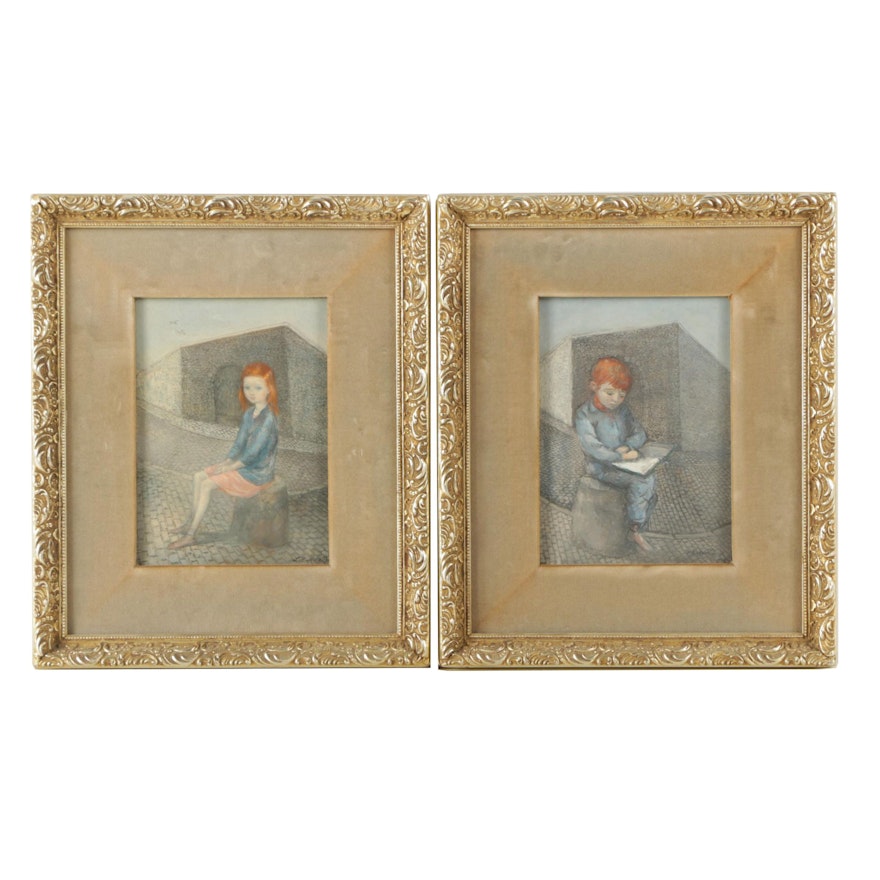 Two Oils on Canvas "Boy" and "Girl" Painted in the Manner of Lucien P. Moretti
