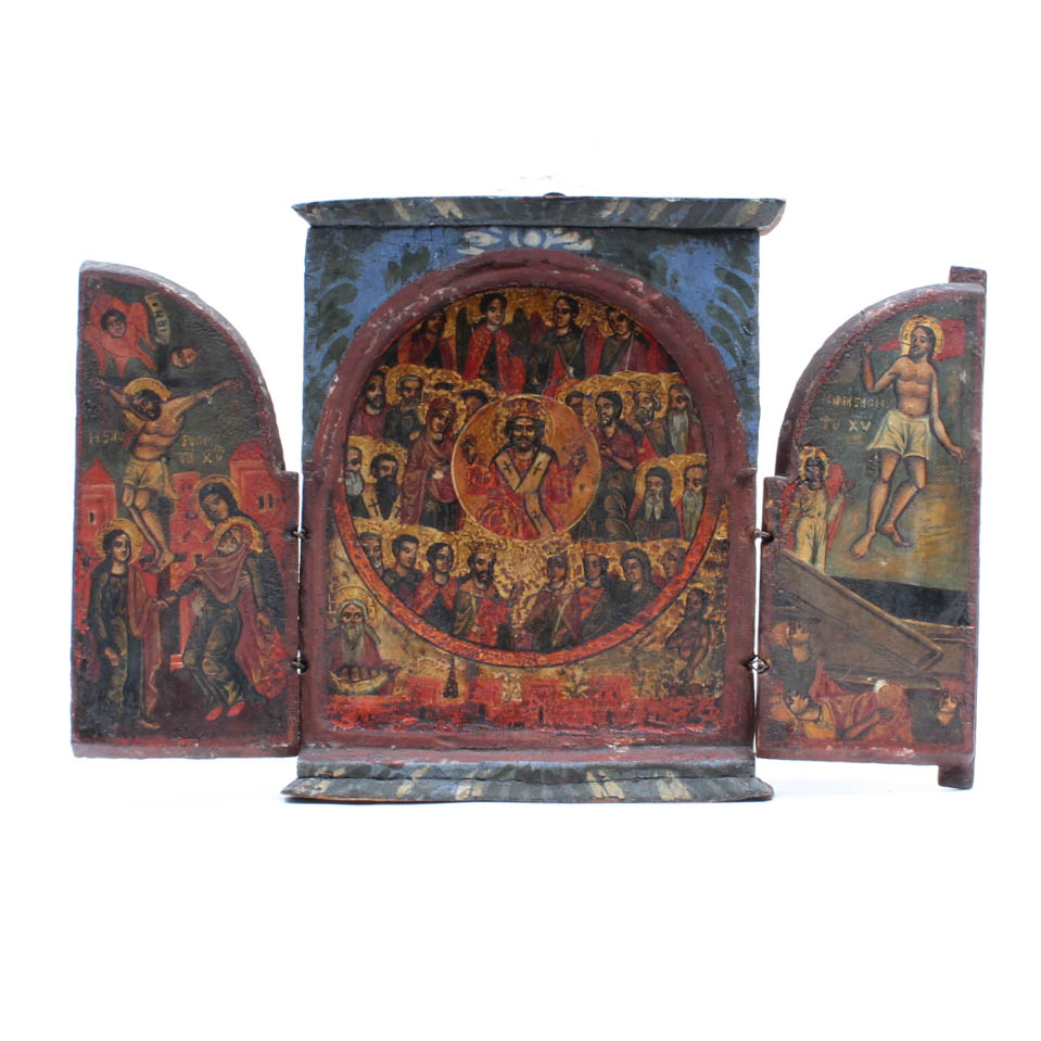 Antique Hand-Painted Religious Triptych