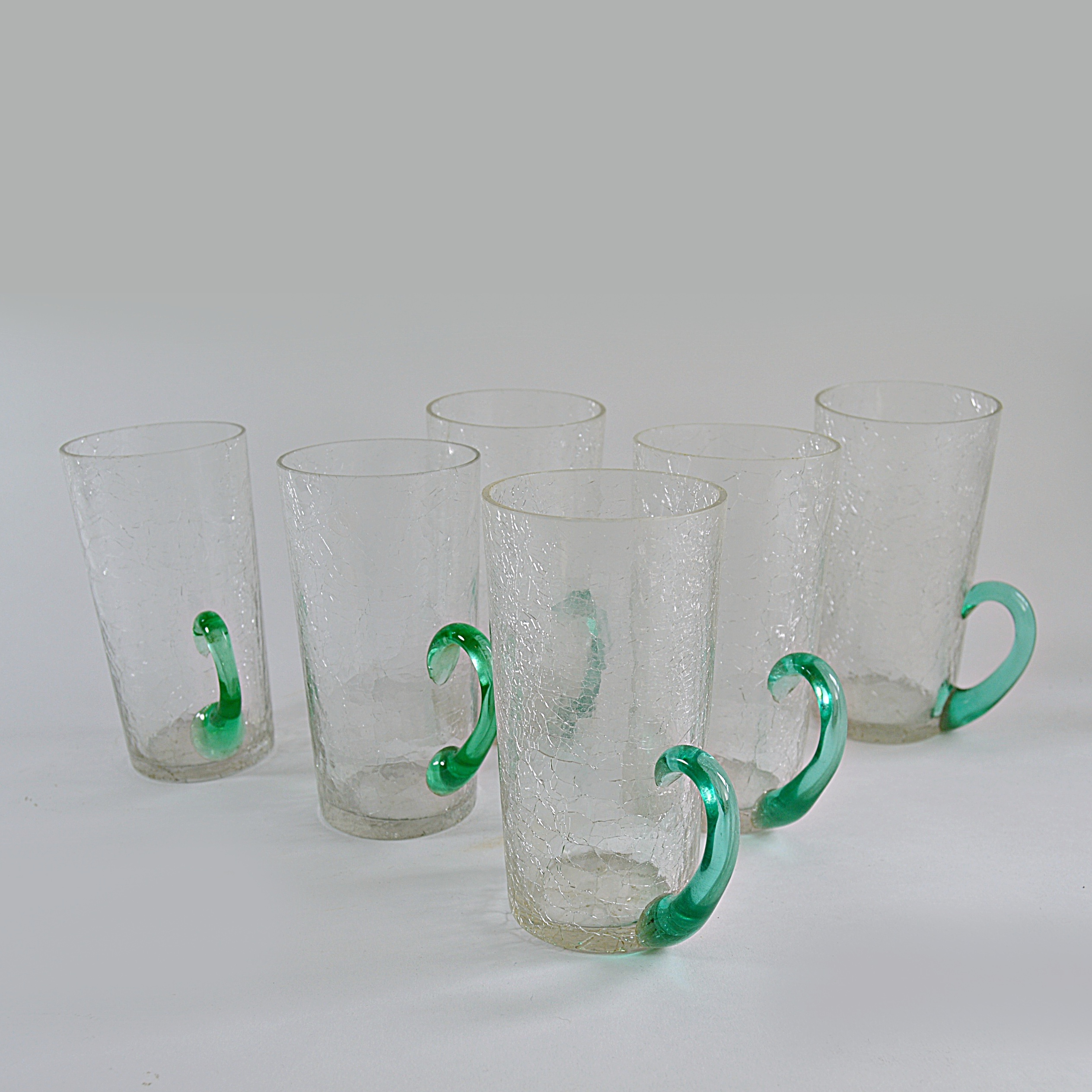 Set of Vintage Crackle Glass Green-Handled Tumblers