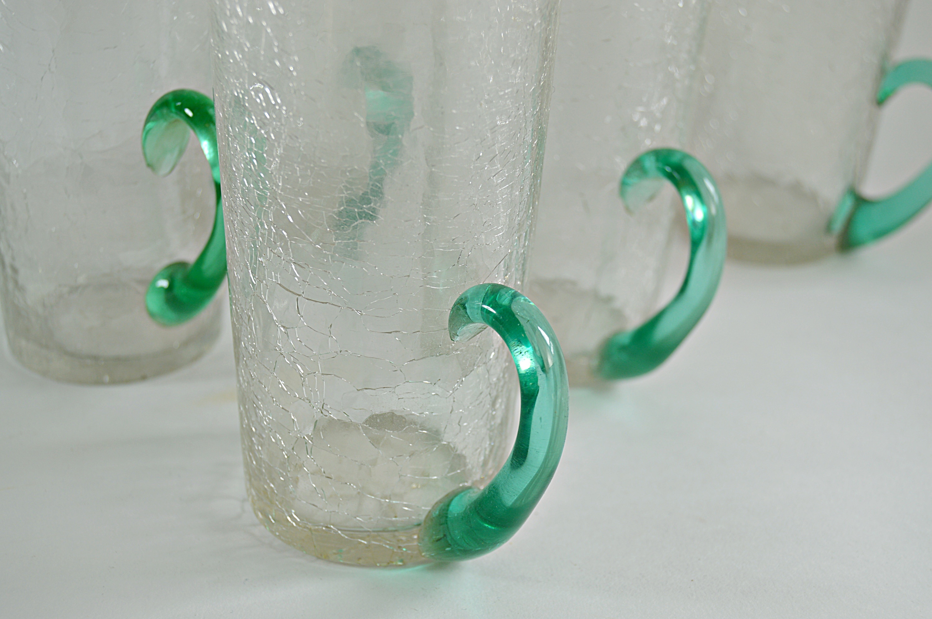 Set of Vintage Crackle Glass Green-Handled Tumblers