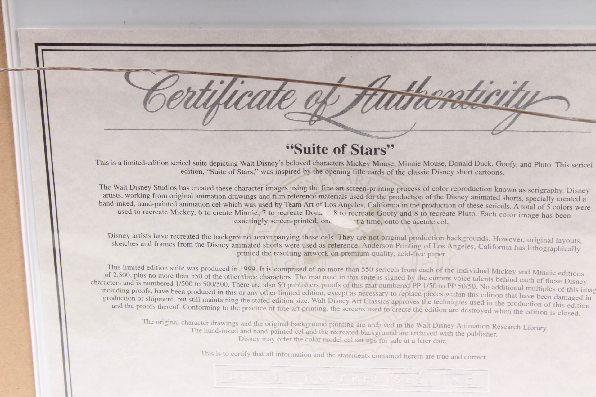 Autographed Limited Edition Sericel of Disney Characters