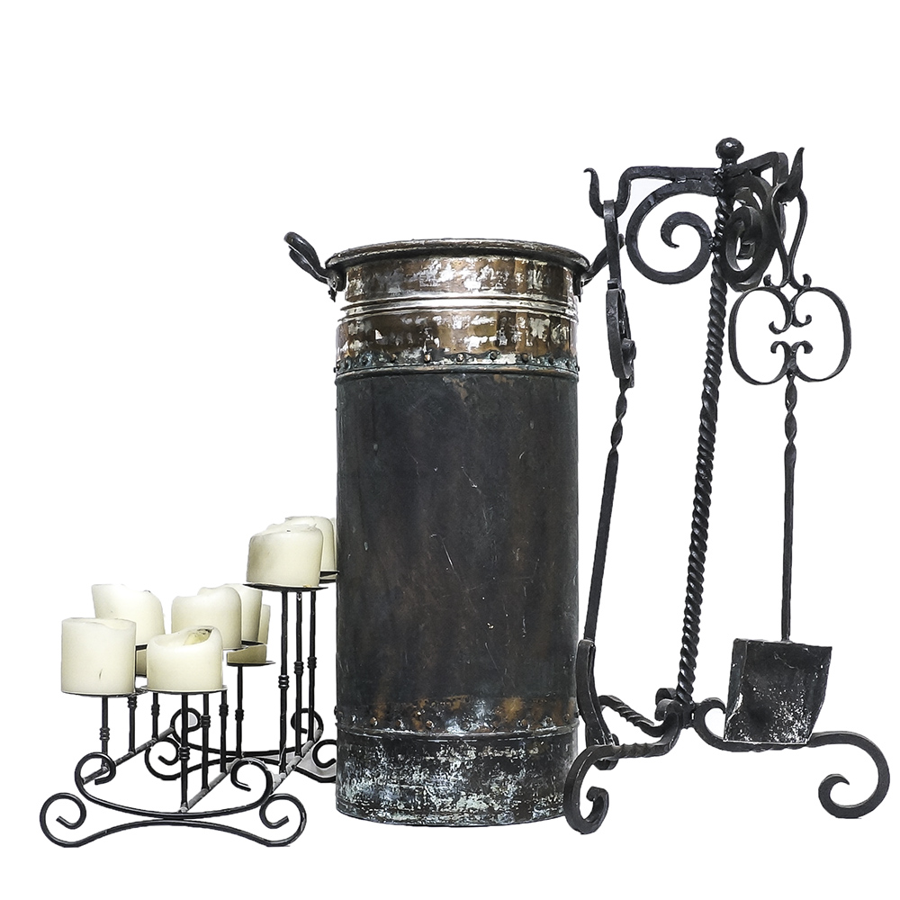 Assortment of Umbrella Holder, Fireplace Tools, and a Multi Candle Holder