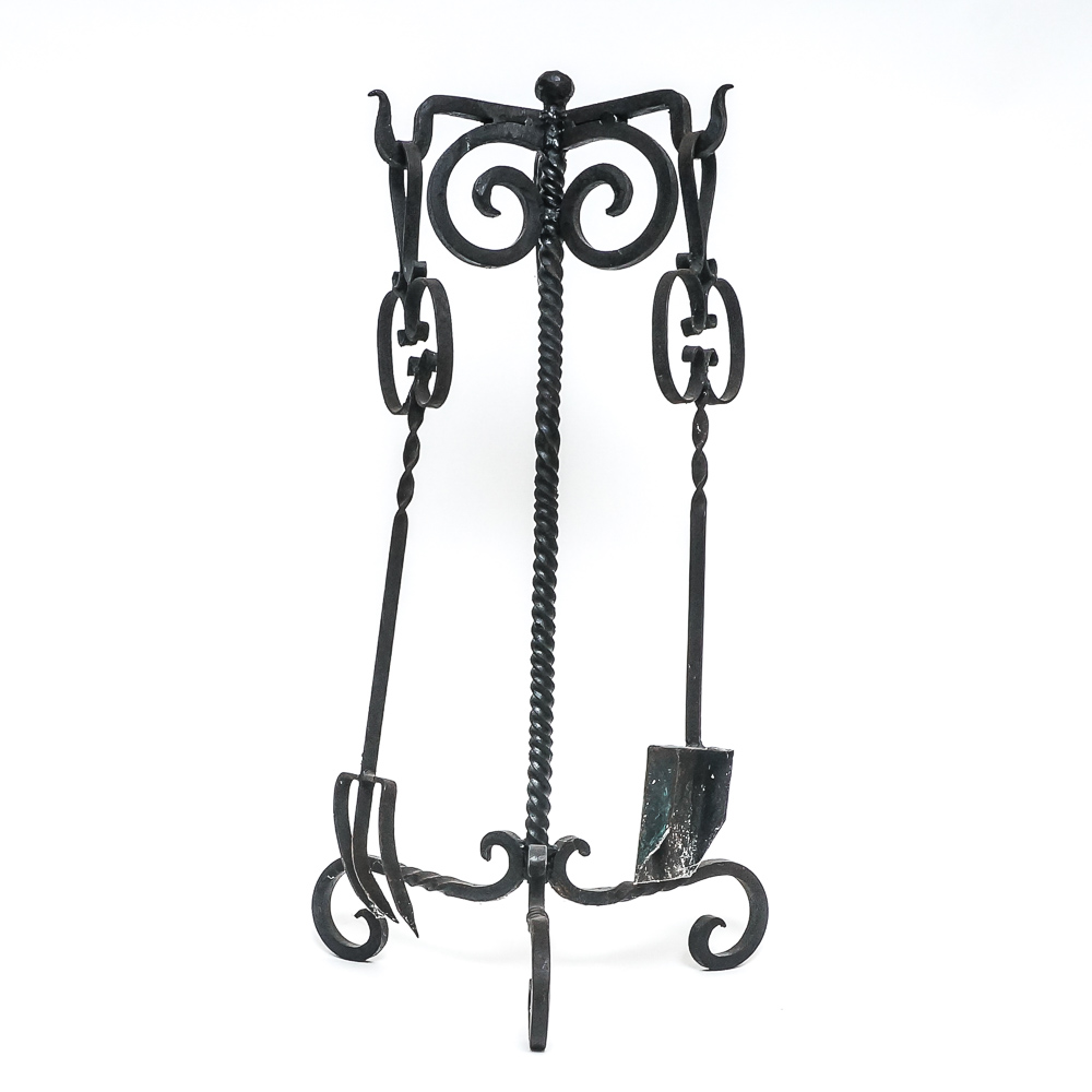 Assortment of Umbrella Holder, Fireplace Tools, and a Multi Candle Holder