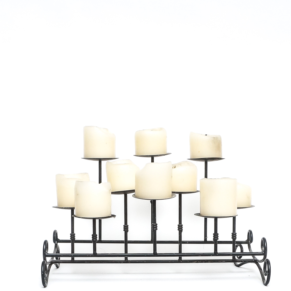 Assortment of Umbrella Holder, Fireplace Tools, and a Multi Candle Holder