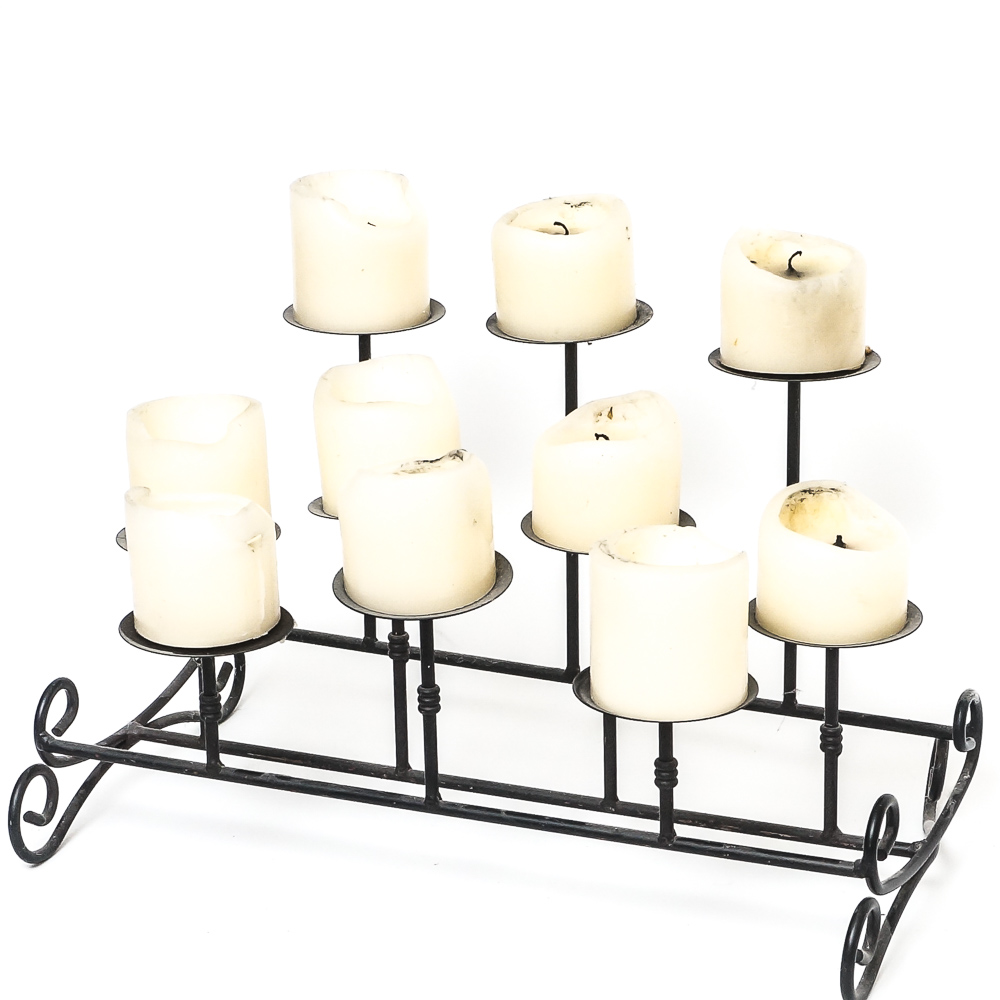 Assortment of Umbrella Holder, Fireplace Tools, and a Multi Candle Holder