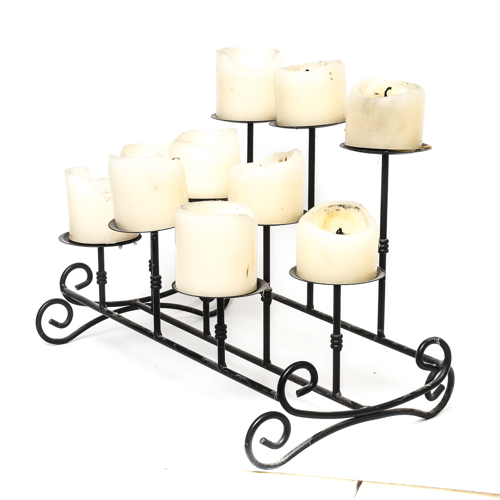 Assortment of Umbrella Holder, Fireplace Tools, and a Multi Candle Holder