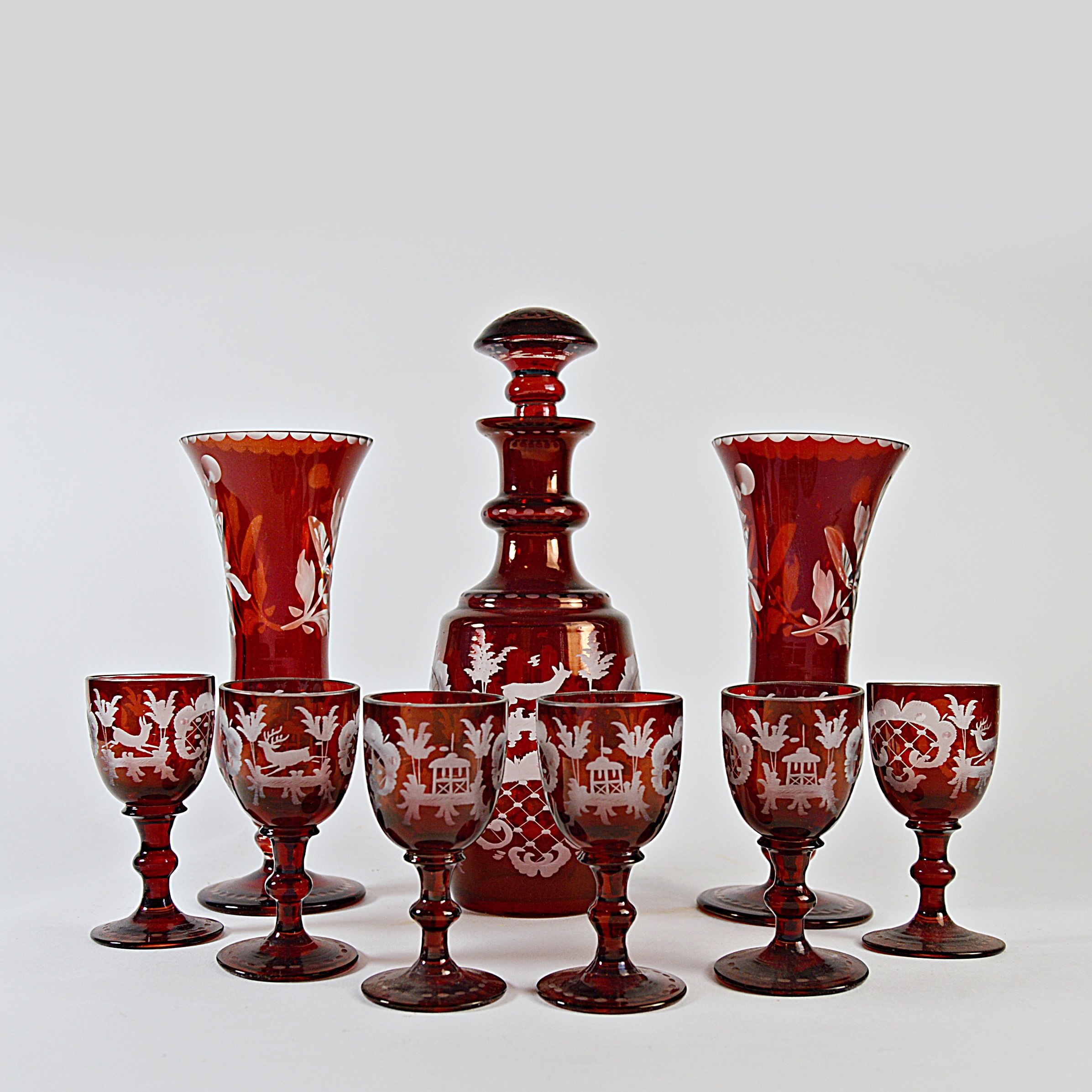 Antique Bohemian Ruby Cut-to-Clear Ruby Cordial Decanter Set with Vases