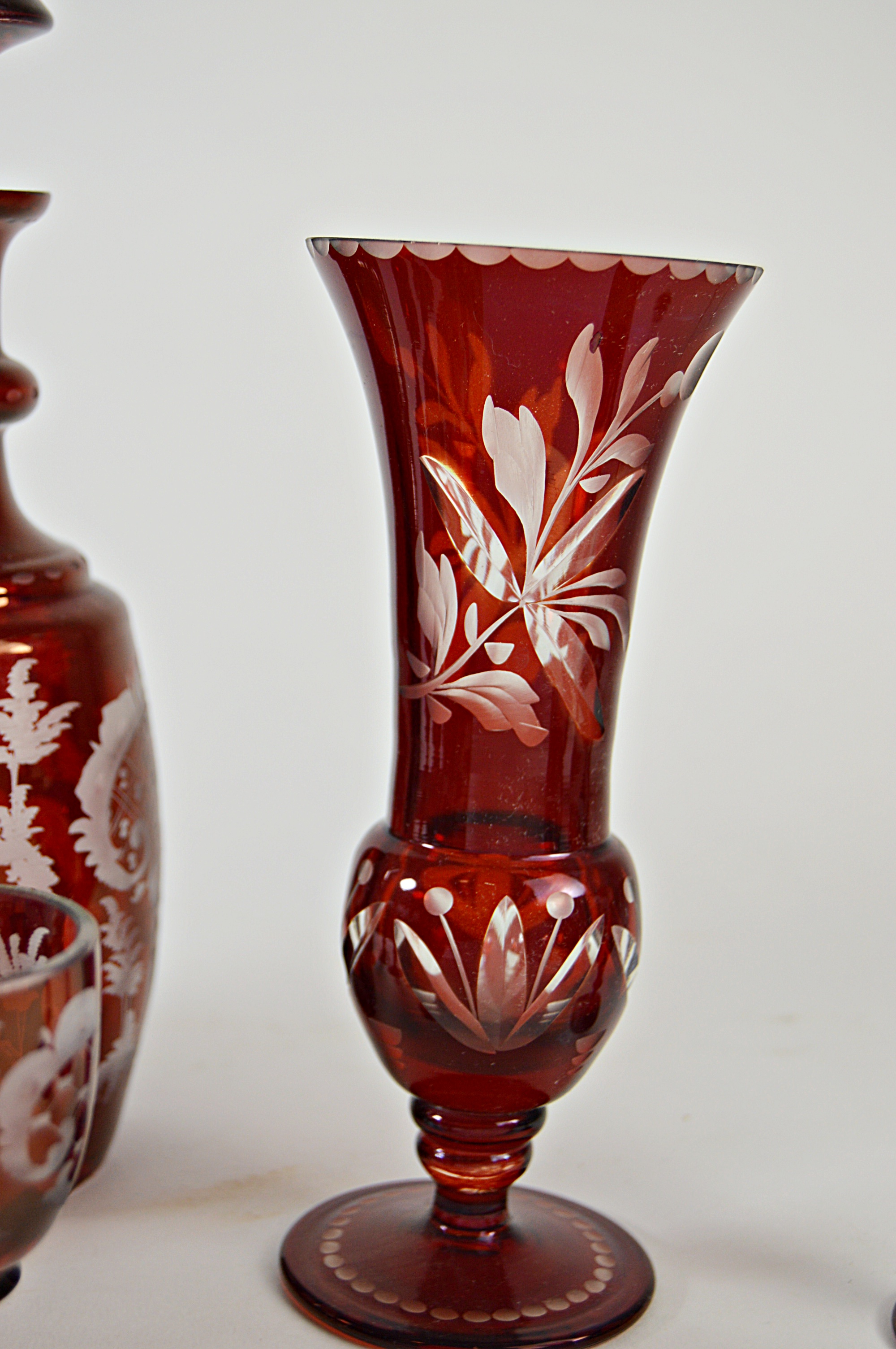 Antique Bohemian Ruby Cut-to-Clear Ruby Cordial Decanter Set with Vases