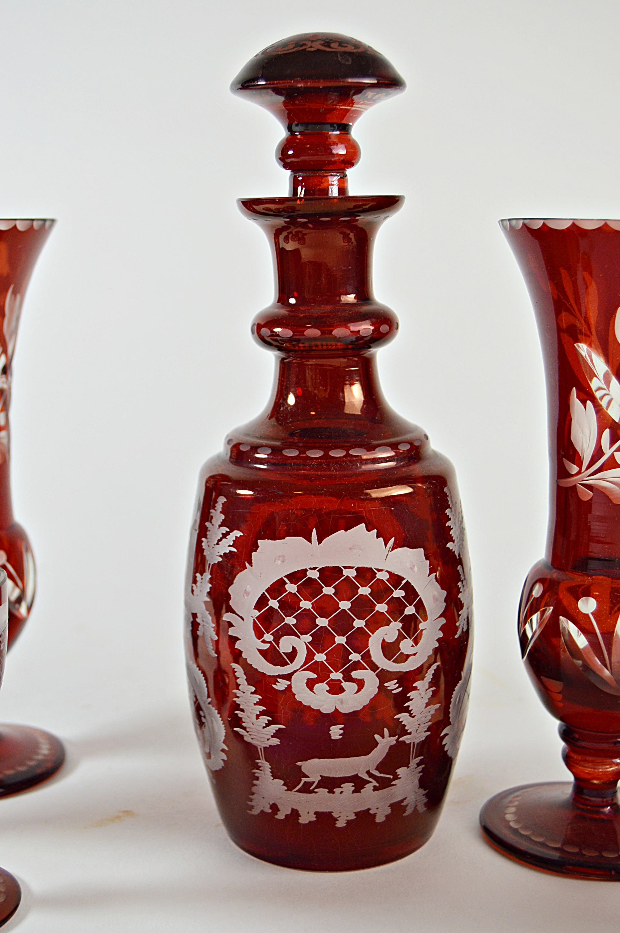 Antique Bohemian Ruby Cut-to-Clear Ruby Cordial Decanter Set with Vases
