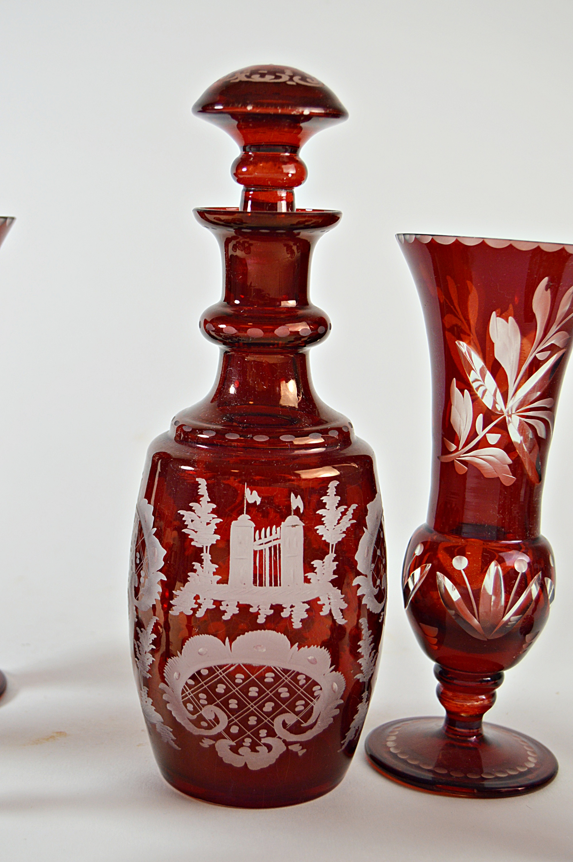 Antique Bohemian Ruby Cut-to-Clear Ruby Cordial Decanter Set with Vases