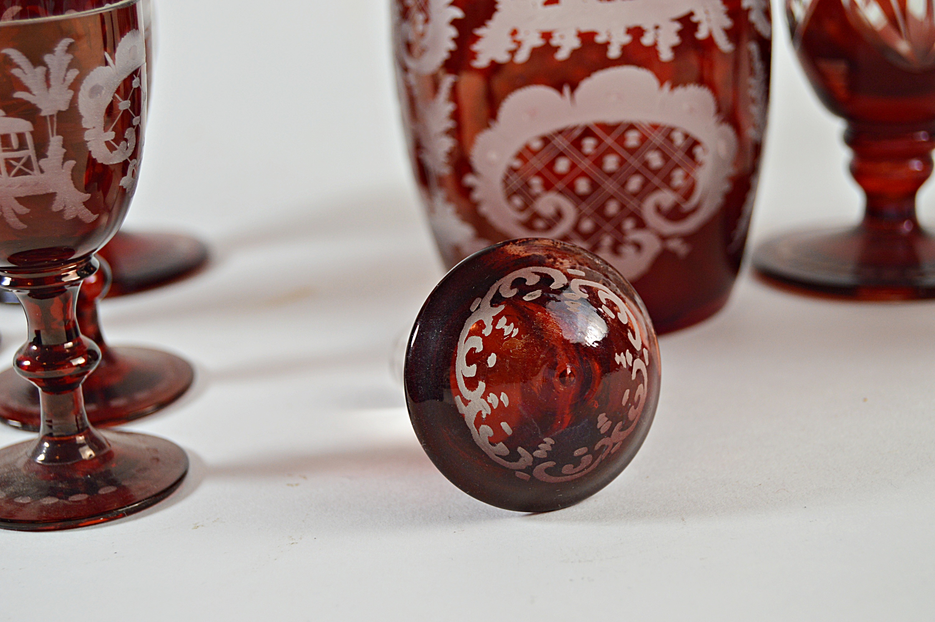 Antique Bohemian Ruby Cut-to-Clear Ruby Cordial Decanter Set with Vases