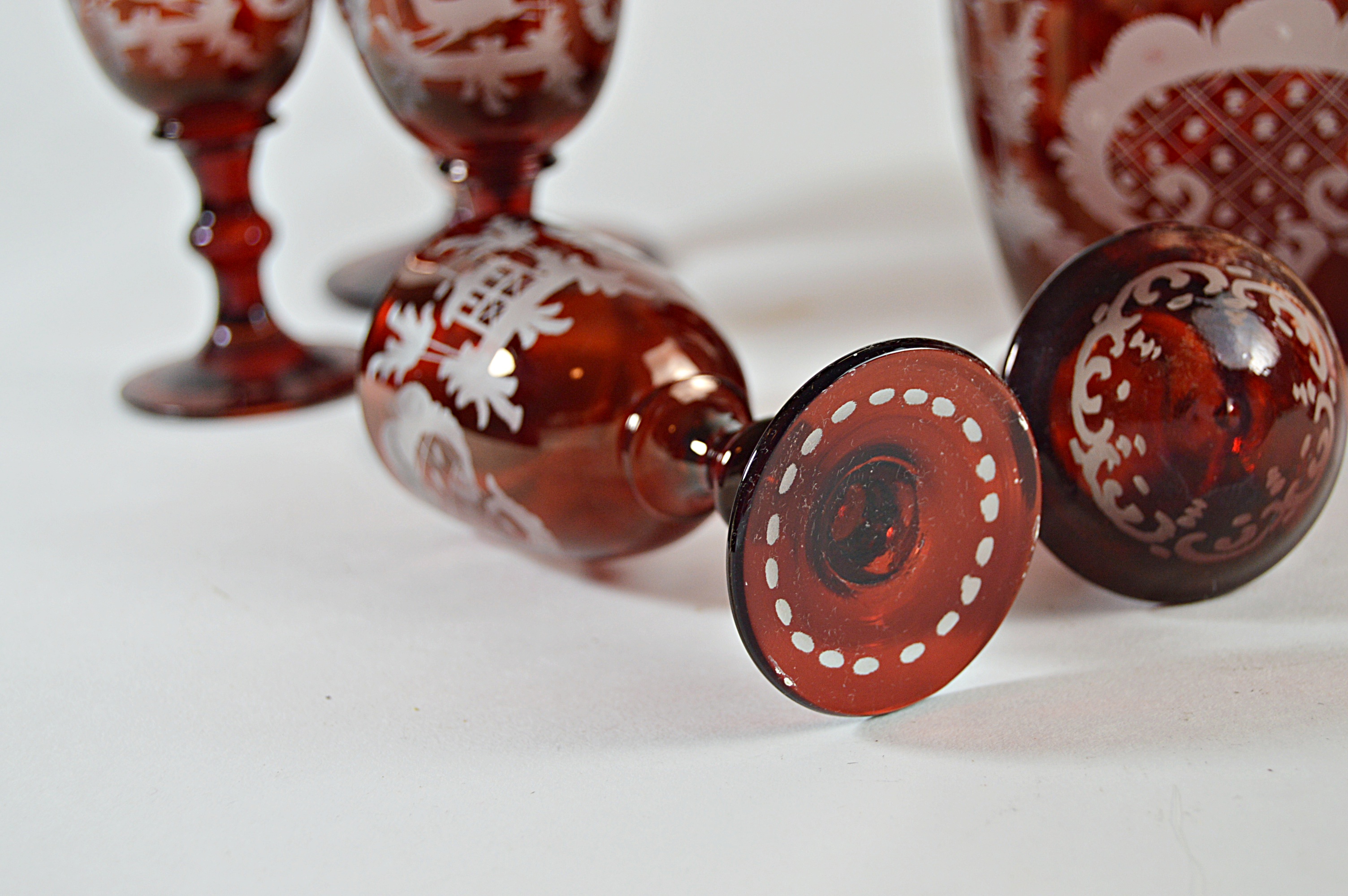 Antique Bohemian Ruby Cut-to-Clear Ruby Cordial Decanter Set with Vases