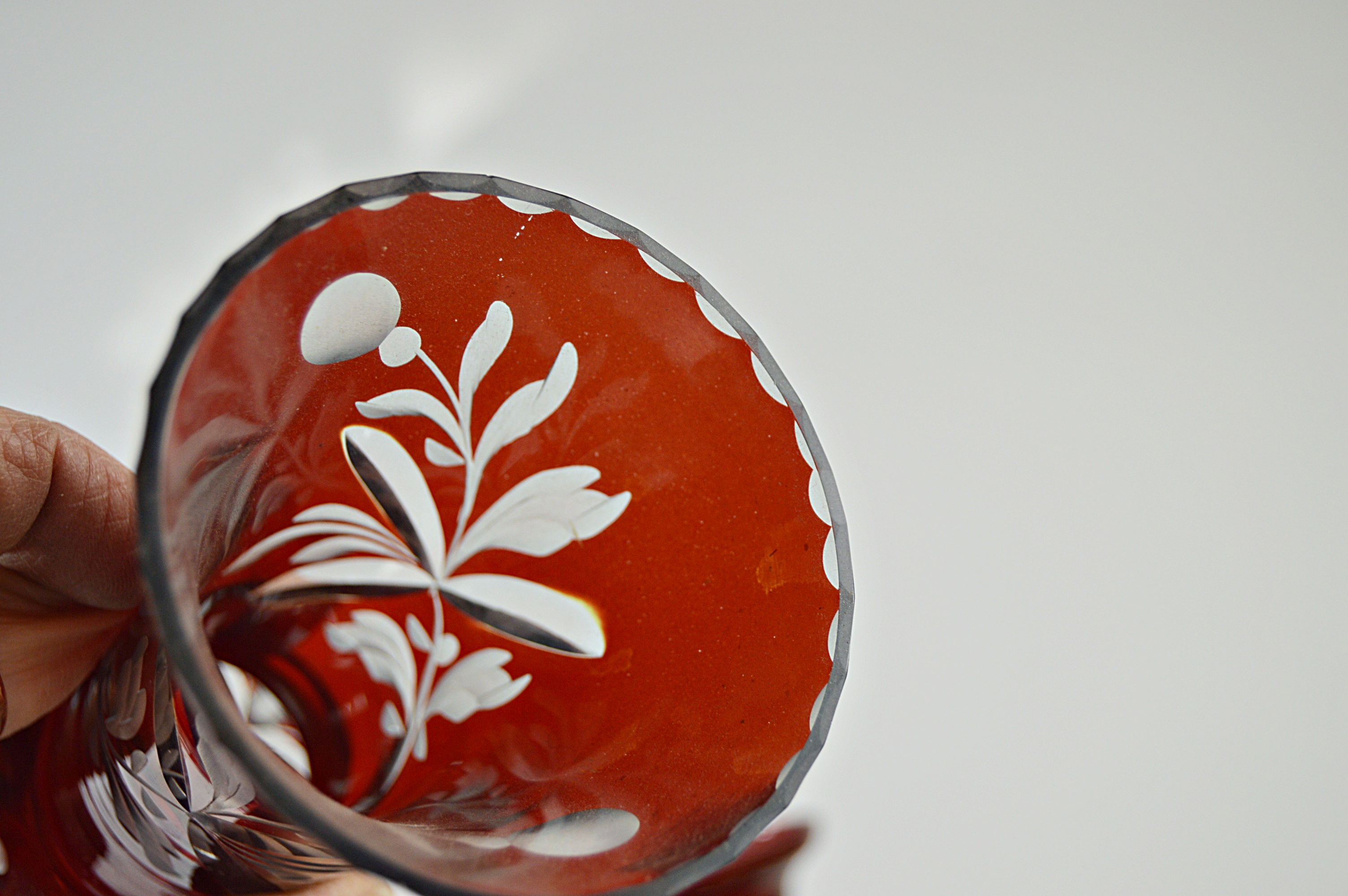 Antique Bohemian Ruby Cut-to-Clear Ruby Cordial Decanter Set with Vases