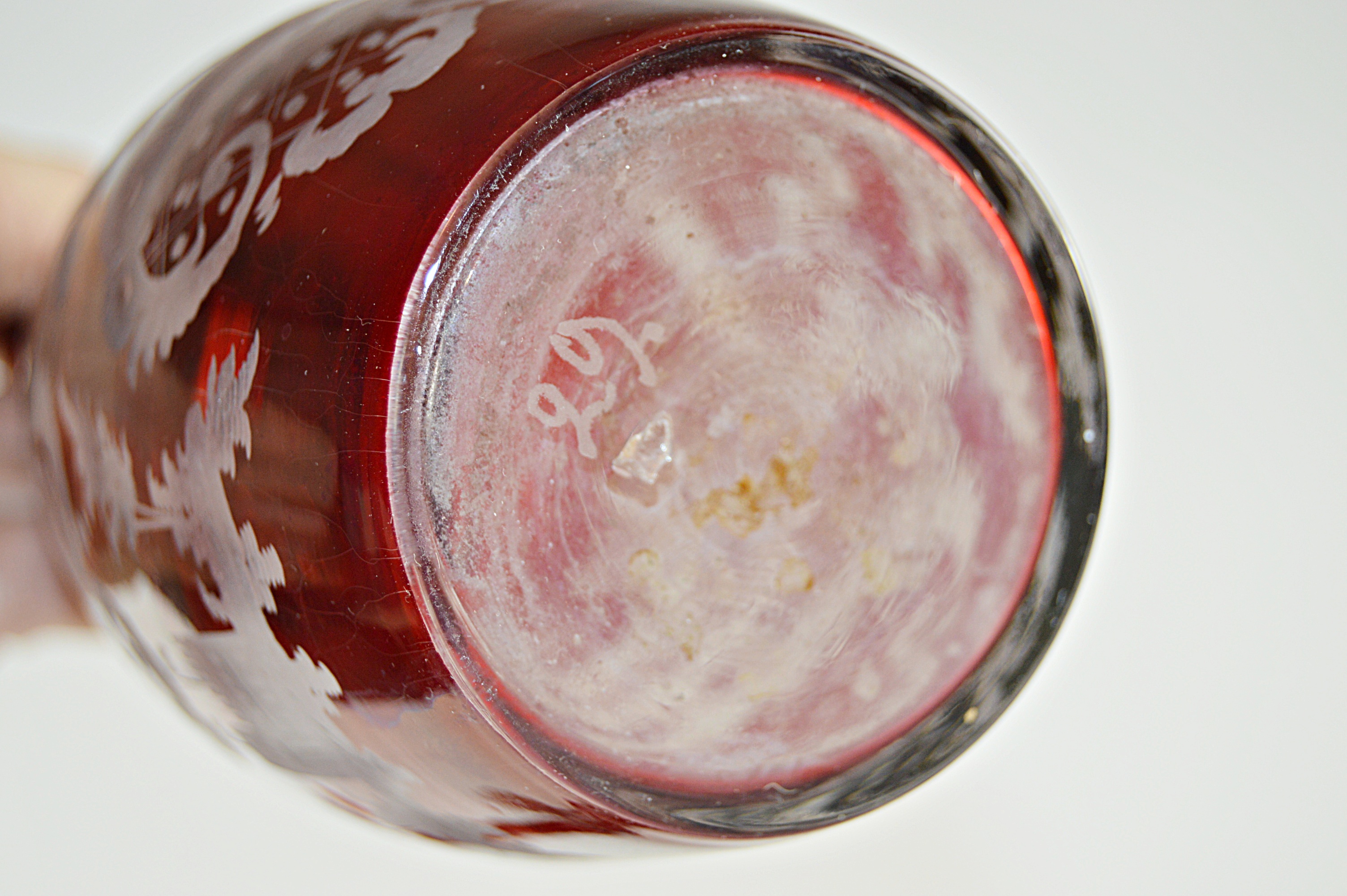 Antique Bohemian Ruby Cut-to-Clear Ruby Cordial Decanter Set with Vases